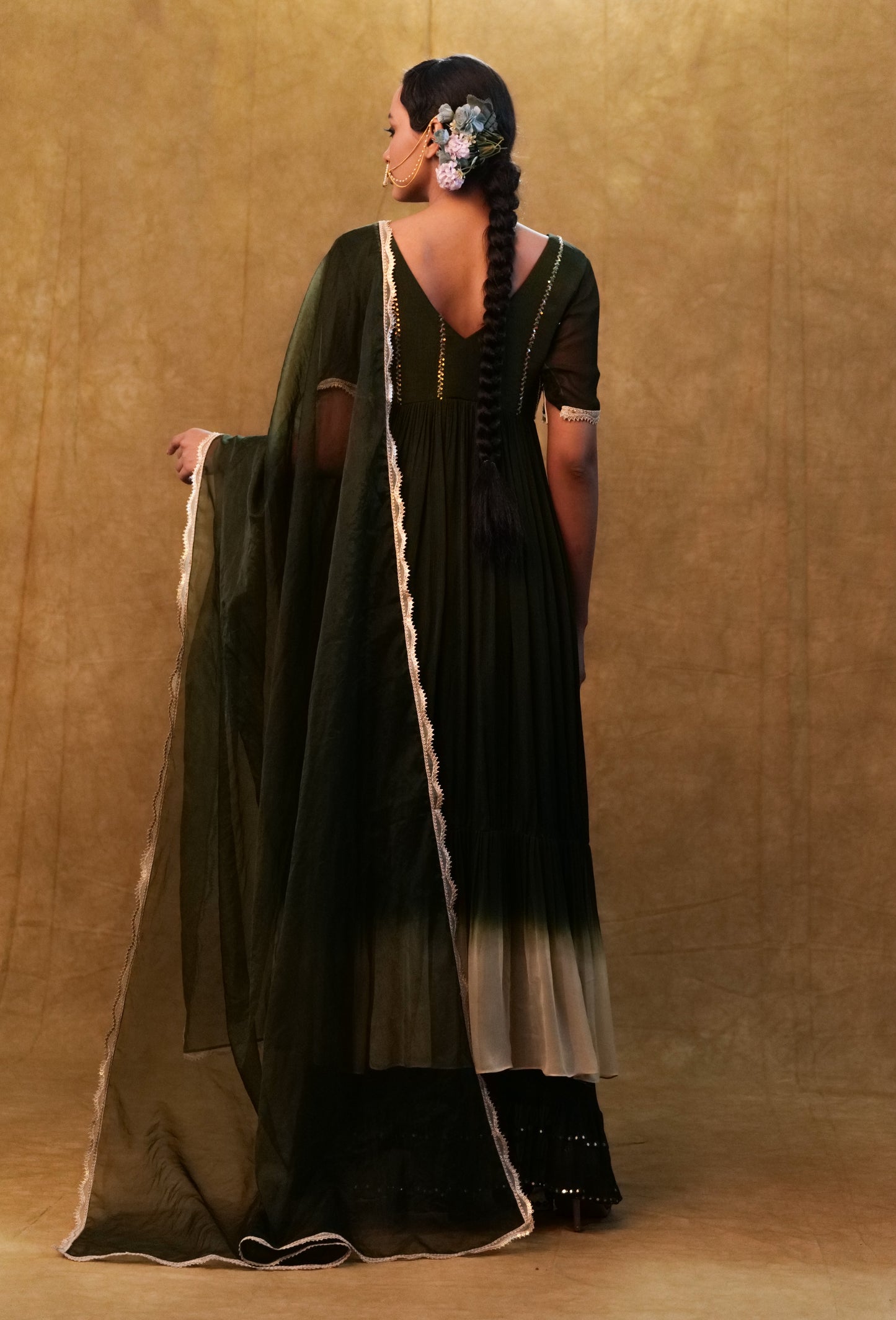 Green shaded Anarkali set paired with dupatta and pants