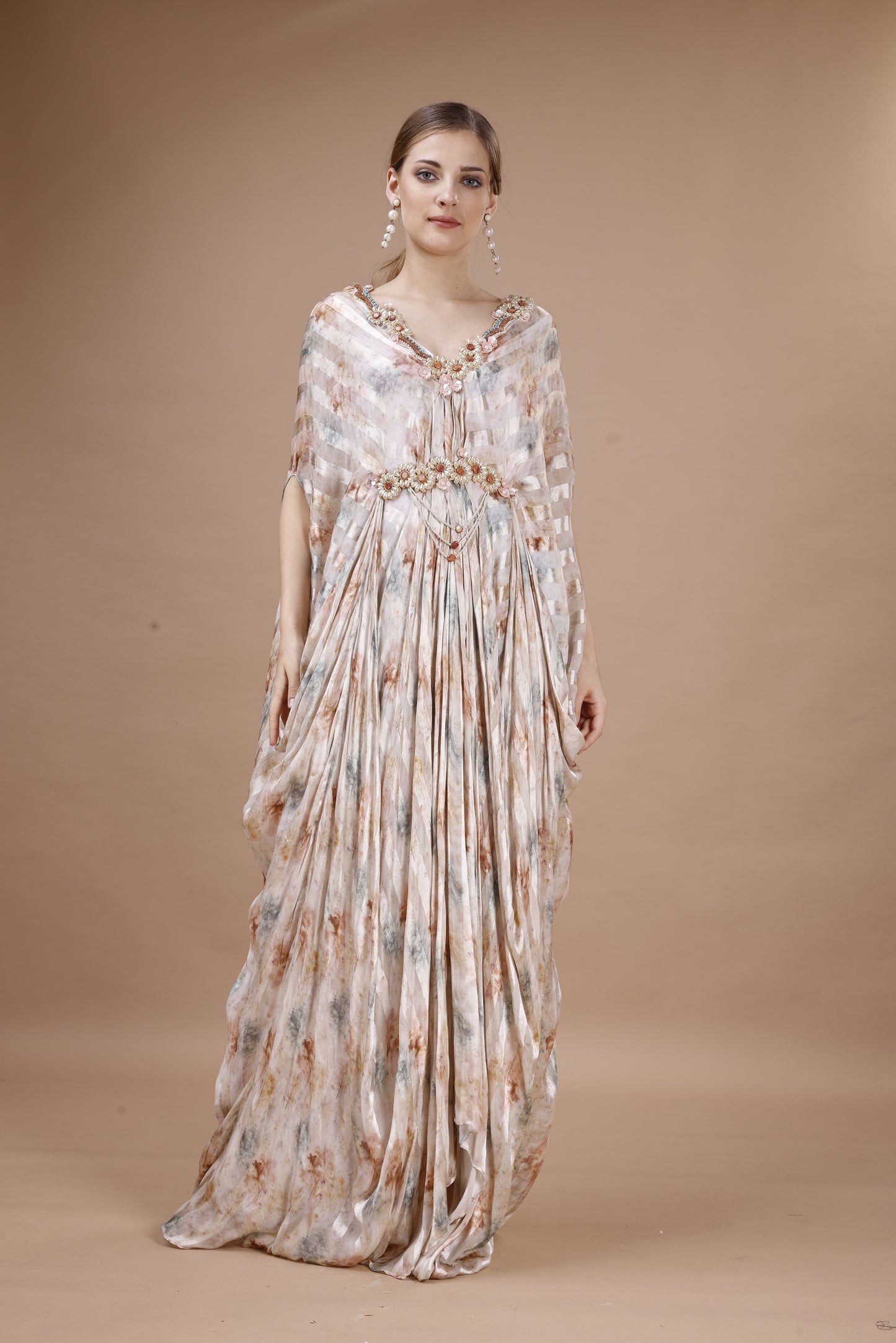 FLORAL PRINTED KAFTAN IN SATIN STRIPE FABRIC