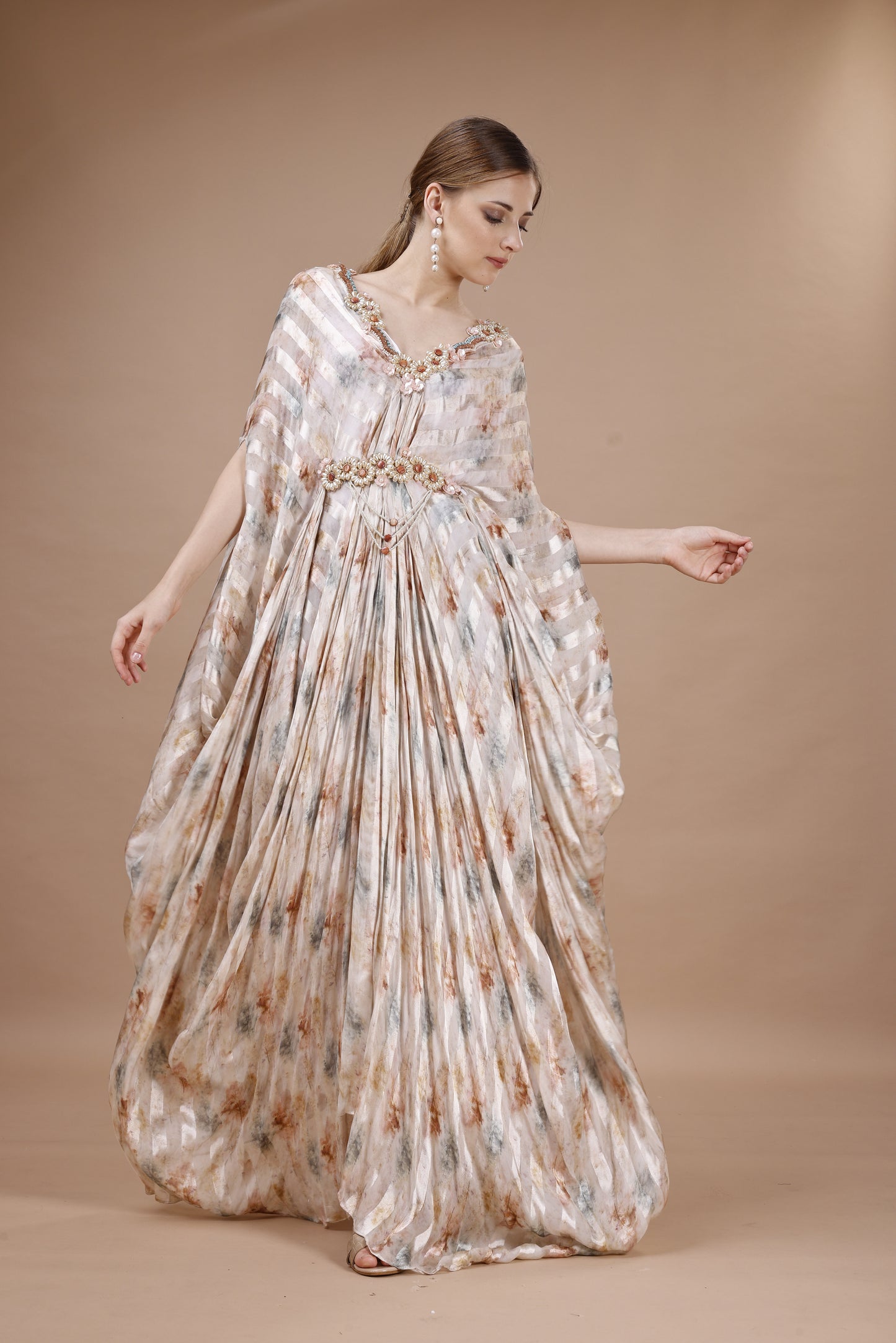 FLORAL PRINTED KAFTAN IN SATIN STRIPE FABRIC