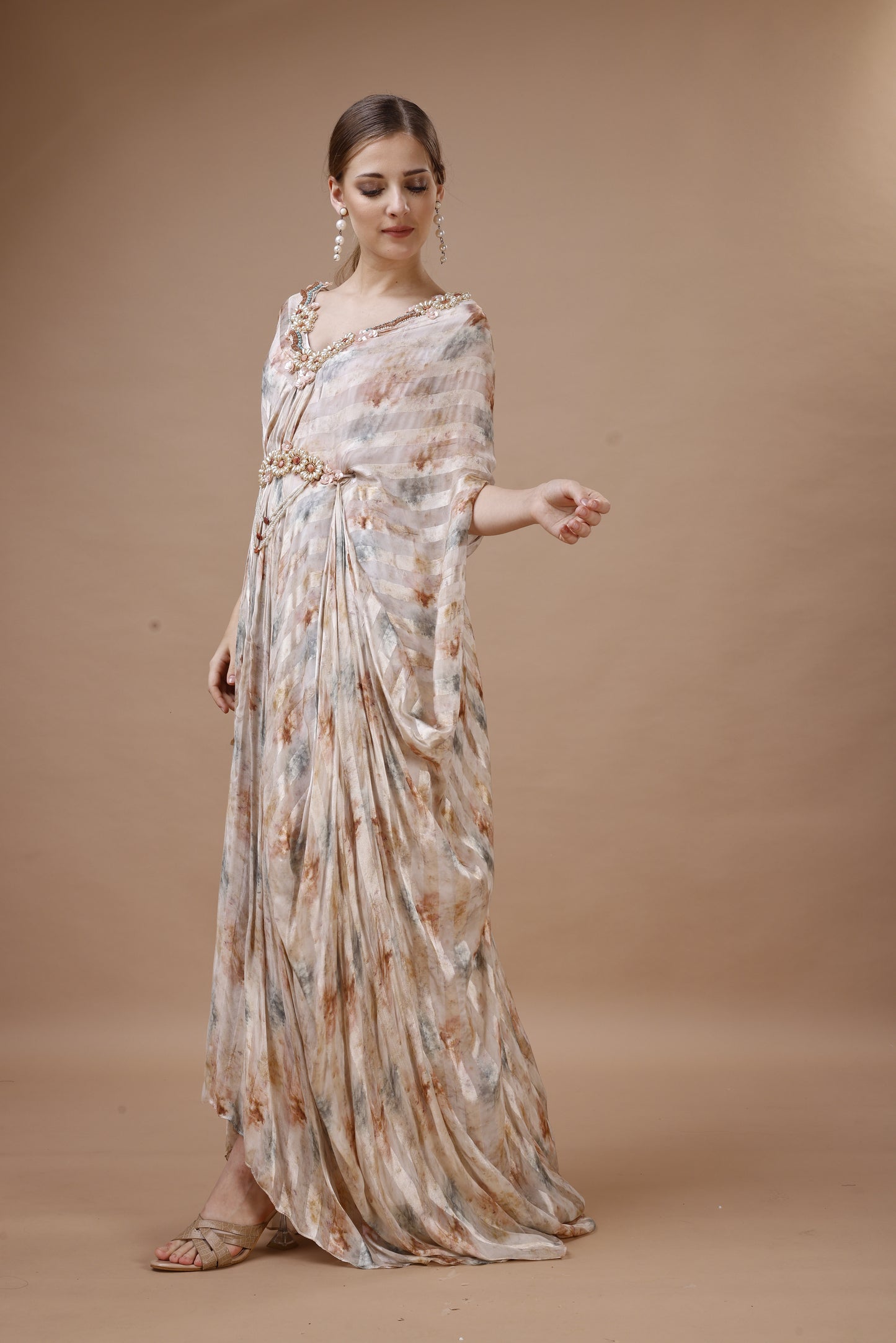 FLORAL PRINTED KAFTAN IN SATIN STRIPE FABRIC