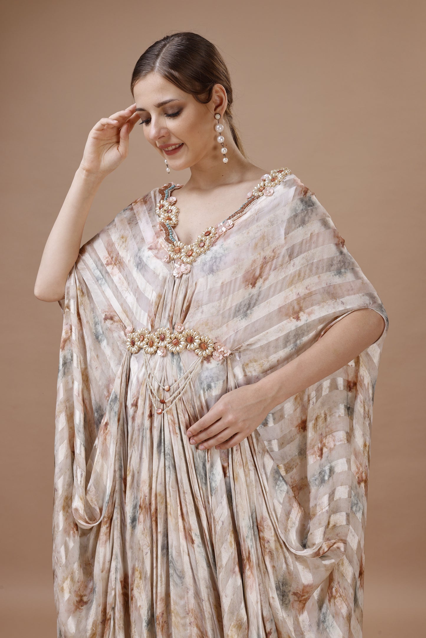 FLORAL PRINTED KAFTAN IN SATIN STRIPE FABRIC