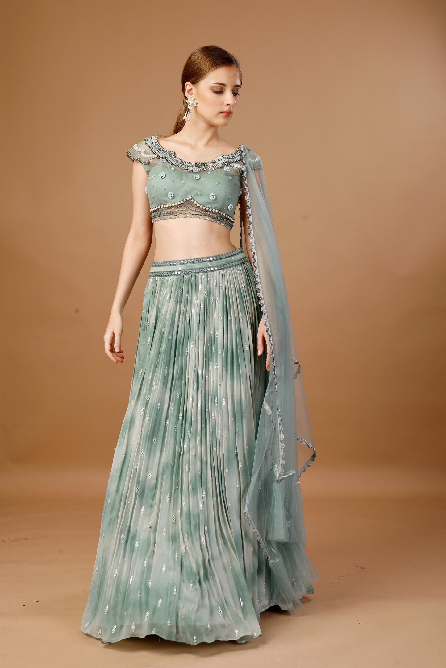 GREEN TIE AND DYE LEHENGA SET
