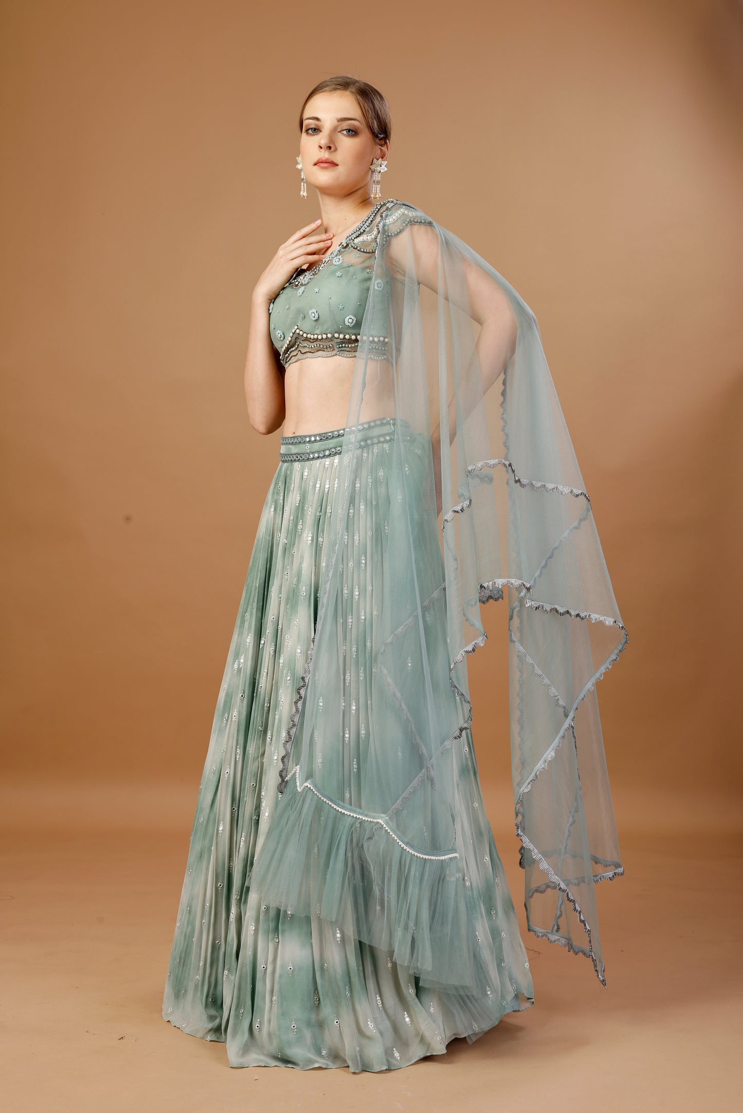 GREEN TIE AND DYE LEHENGA SET