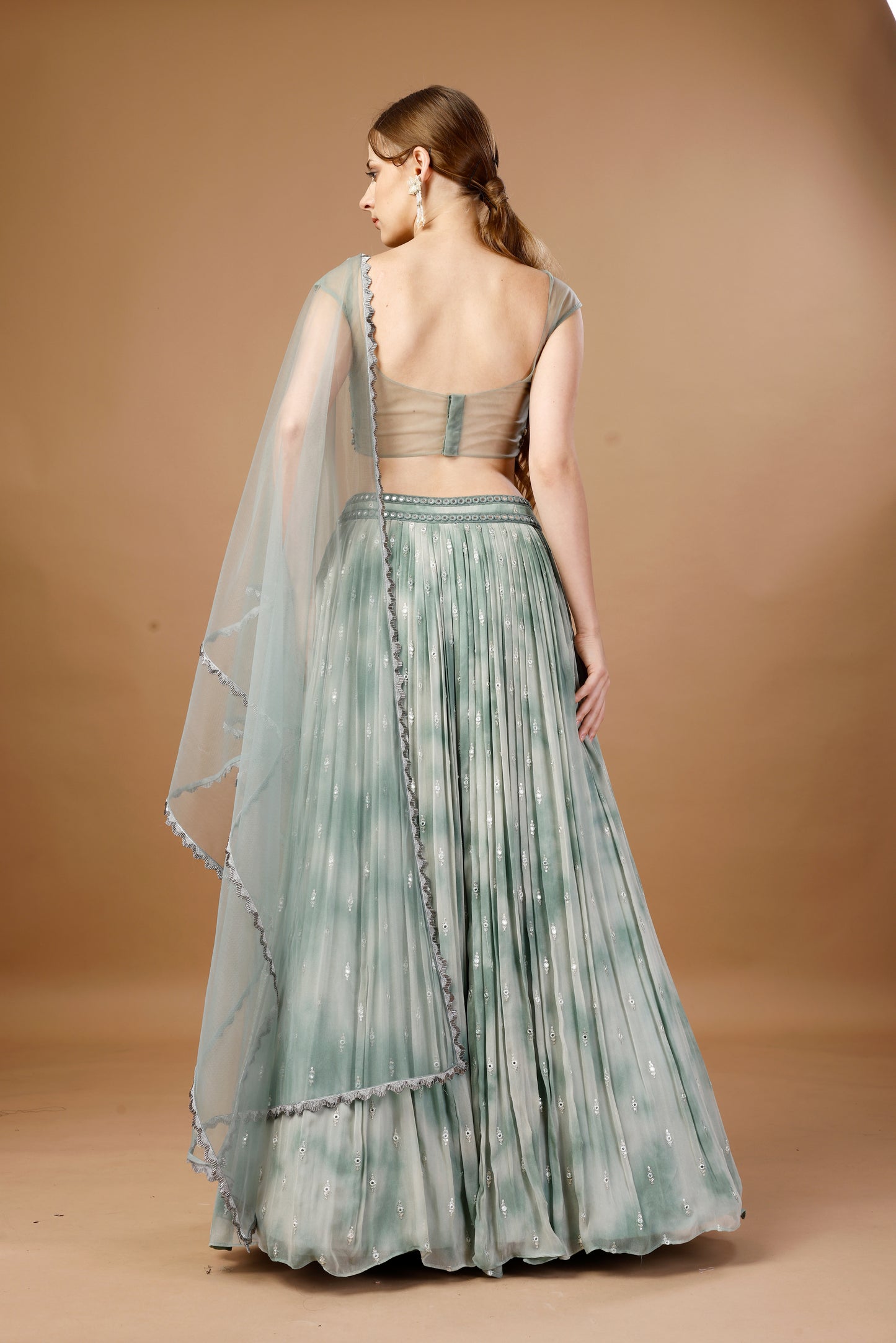 GREEN TIE AND DYE LEHENGA SET