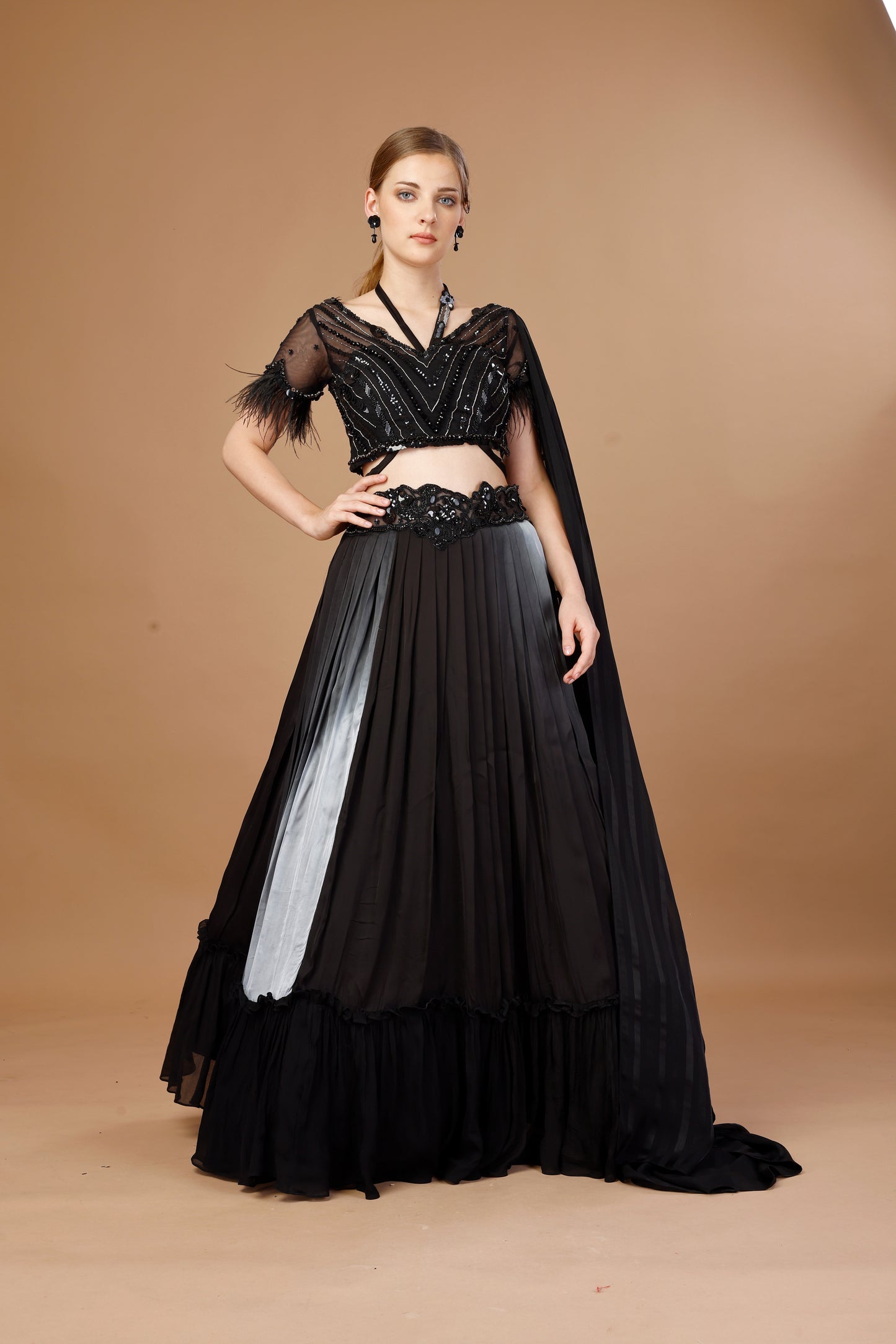 BLACK LEHENGA SET WITH FEATHERED SLEEVE