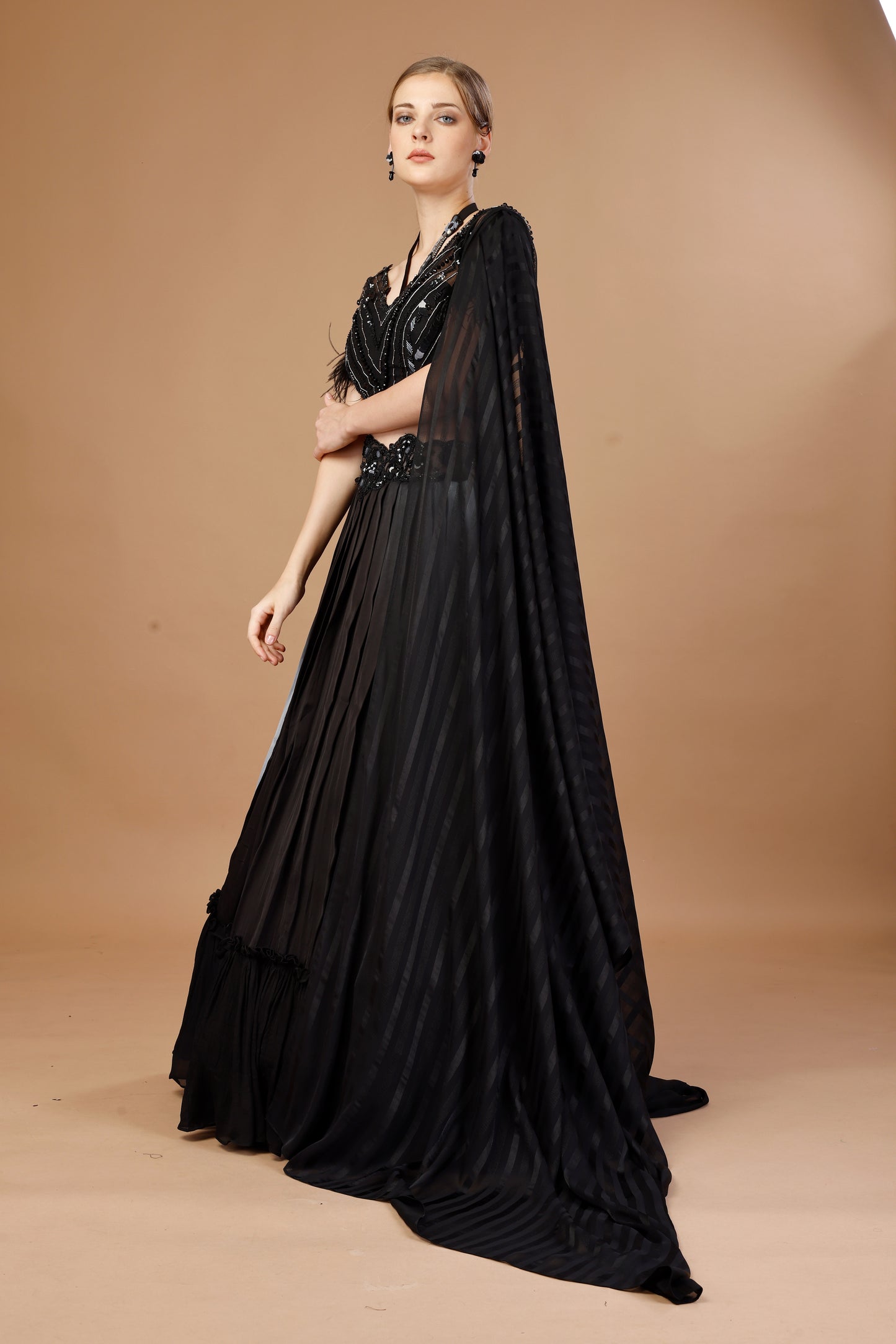 BLACK LEHENGA SET WITH FEATHERED SLEEVE