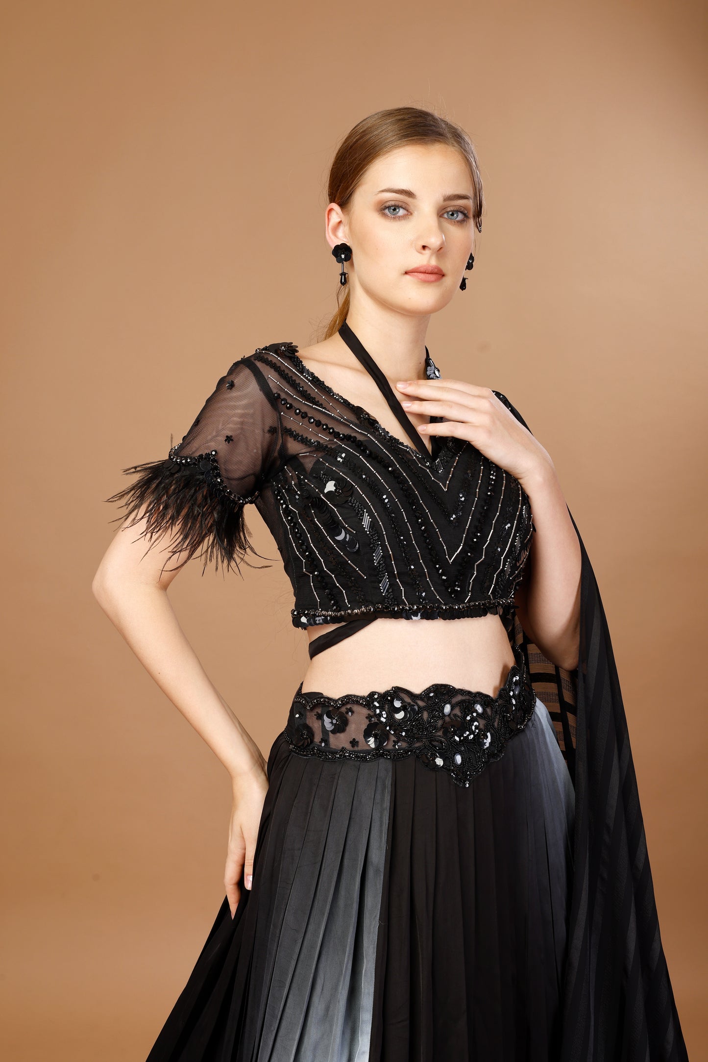 BLACK LEHENGA SET WITH FEATHERED SLEEVE