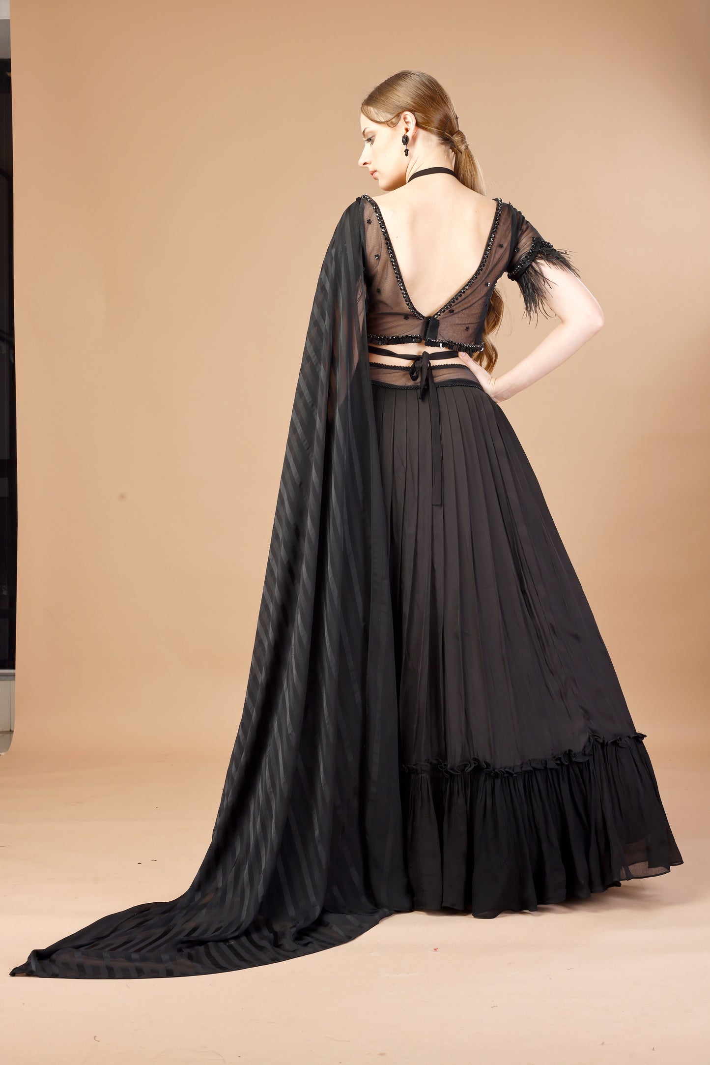 BLACK LEHENGA SET WITH FEATHERED SLEEVE