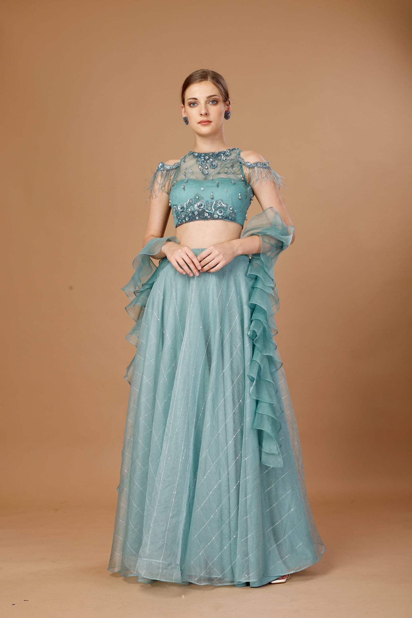 BLUE SKIRT TOP SET WITH RUFFLE DUPATTA