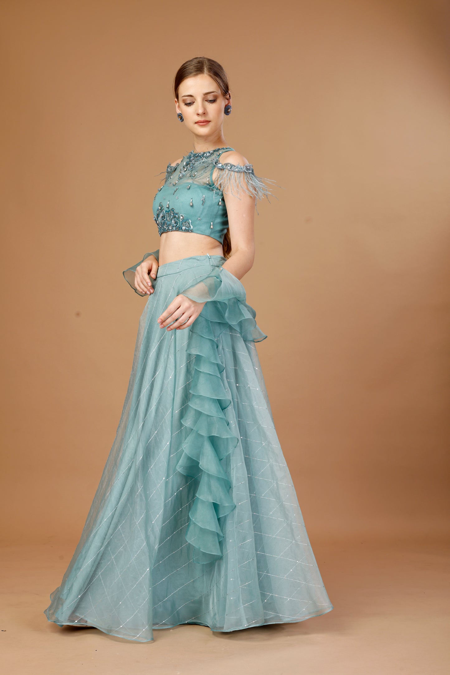 BLUE SKIRT TOP SET WITH RUFFLE DUPATTA