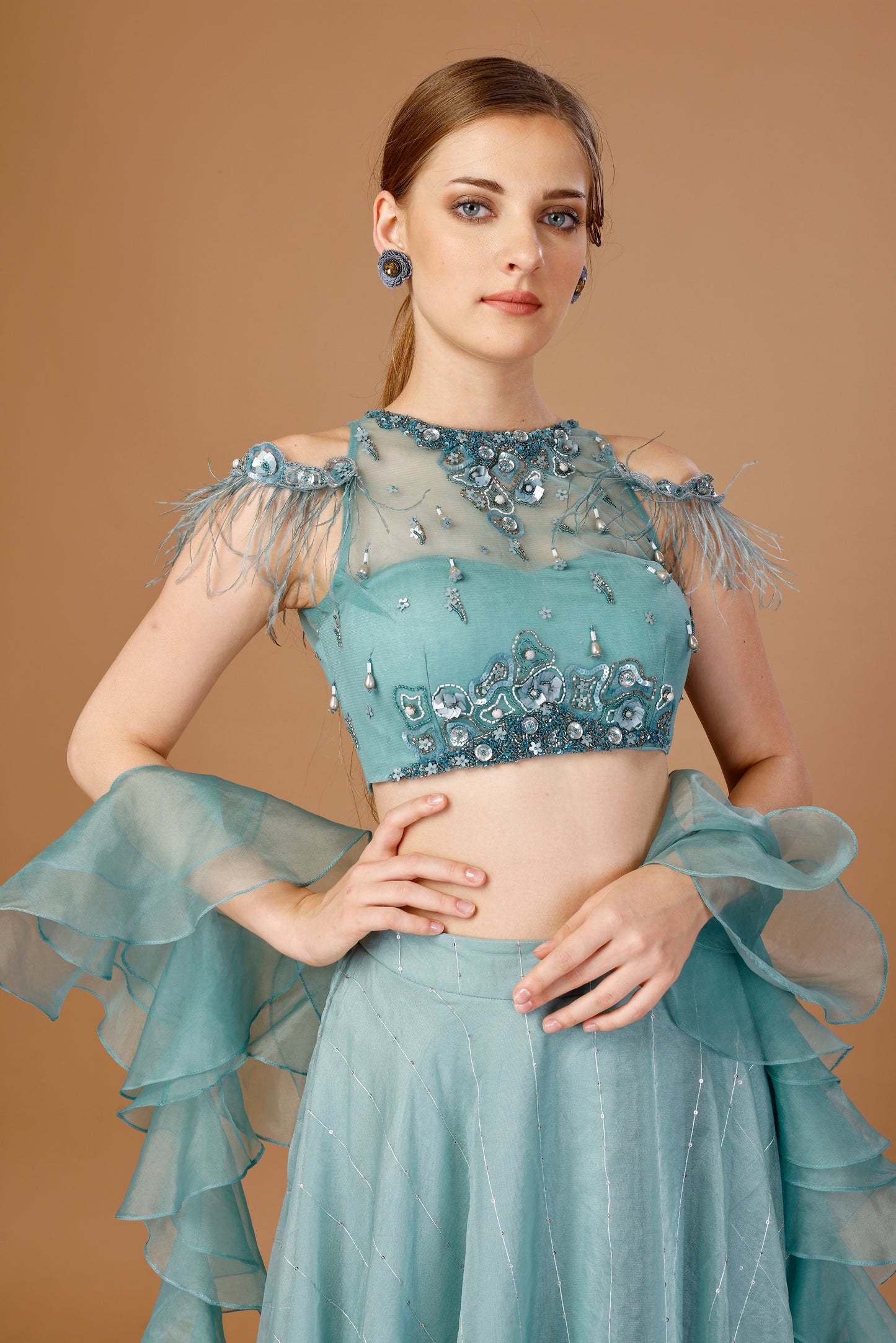 BLUE SKIRT TOP SET WITH RUFFLE DUPATTA