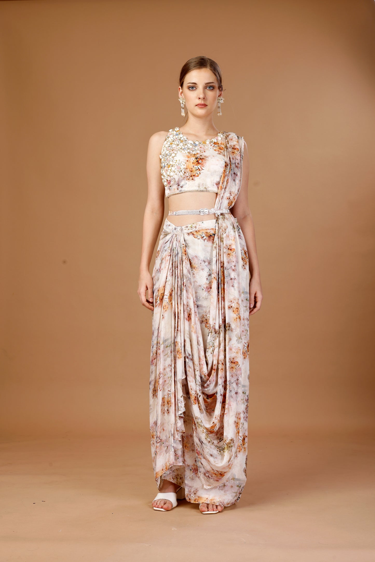 FLORAL PRINTED PRE DRAPE SAREE