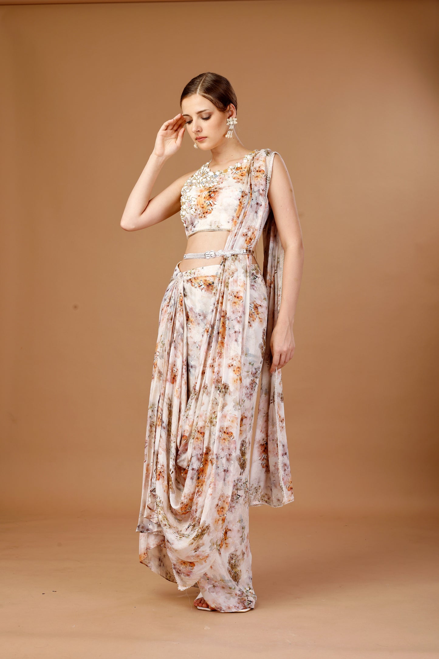 FLORAL PRINTED PRE DRAPE SAREE