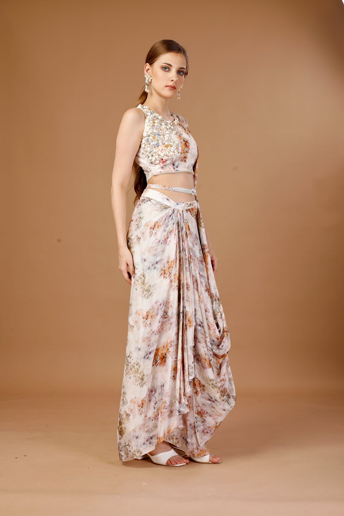 FLORAL PRINTED PRE DRAPE SAREE
