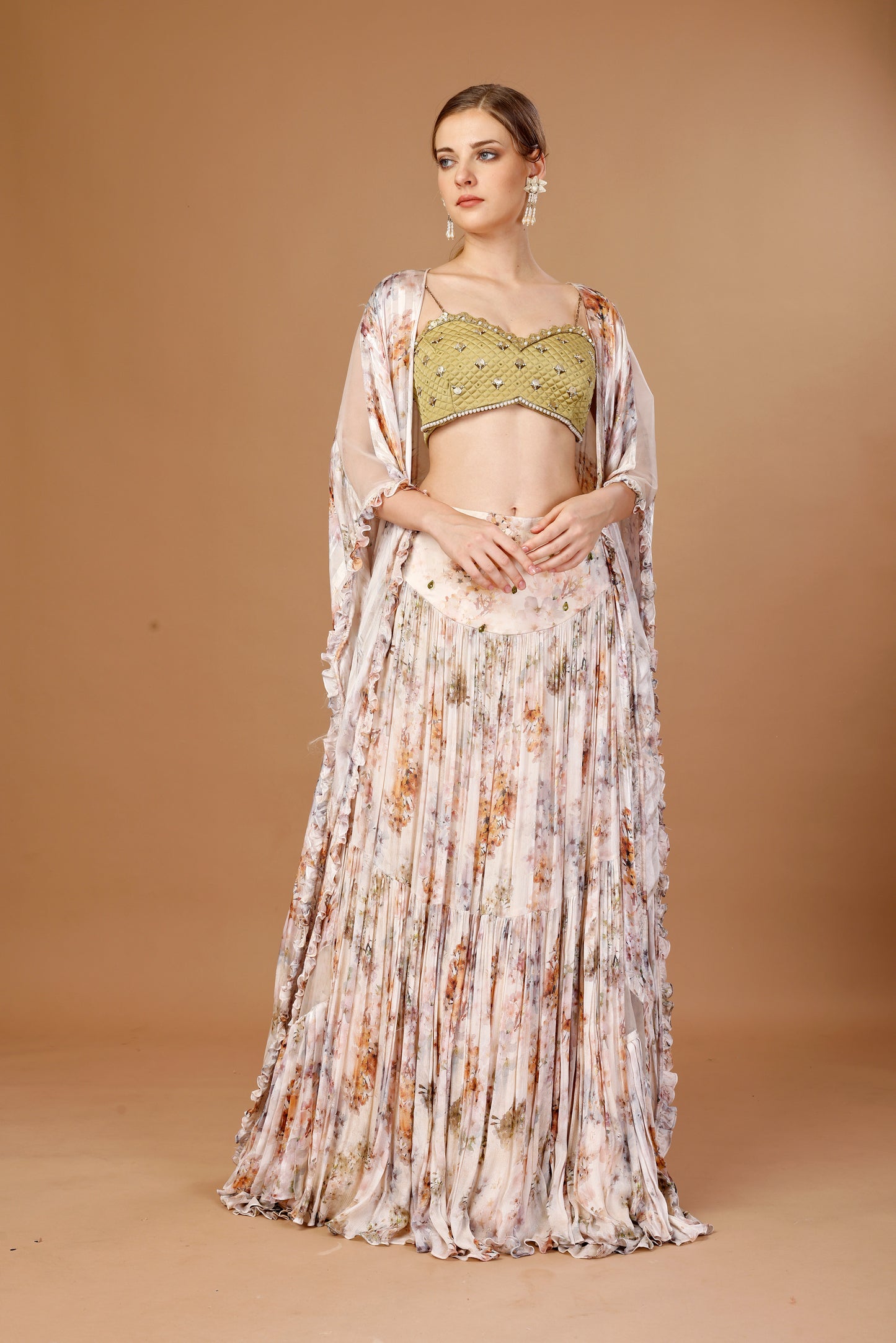 FLORAL PRINTED AND OLIVE GREEN THREE PIECE CO ORD SET