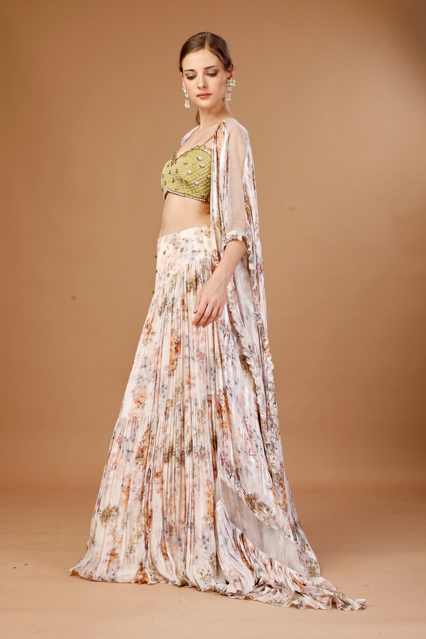 FLORAL PRINTED AND OLIVE GREEN THREE PIECE CO ORD SET