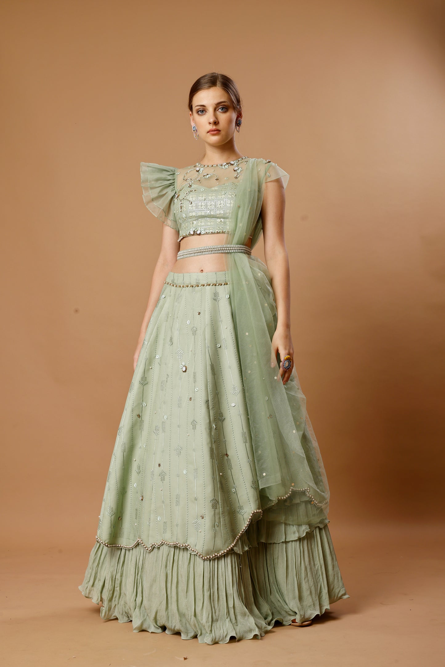 GREEN LEHENGA SET WITH DRAPE DUPATTA AND BELT