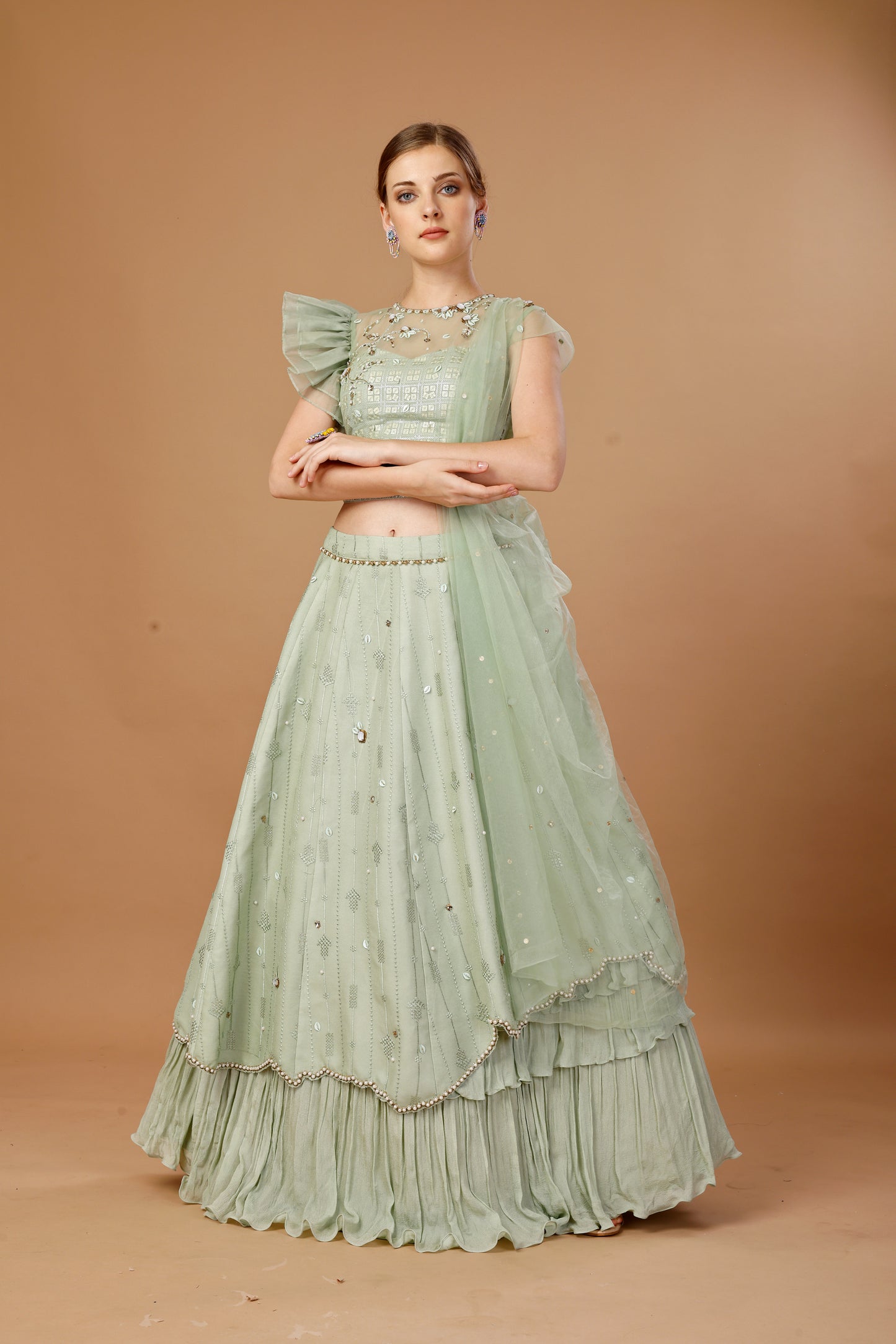GREEN LEHENGA SET WITH DRAPE DUPATTA AND BELT