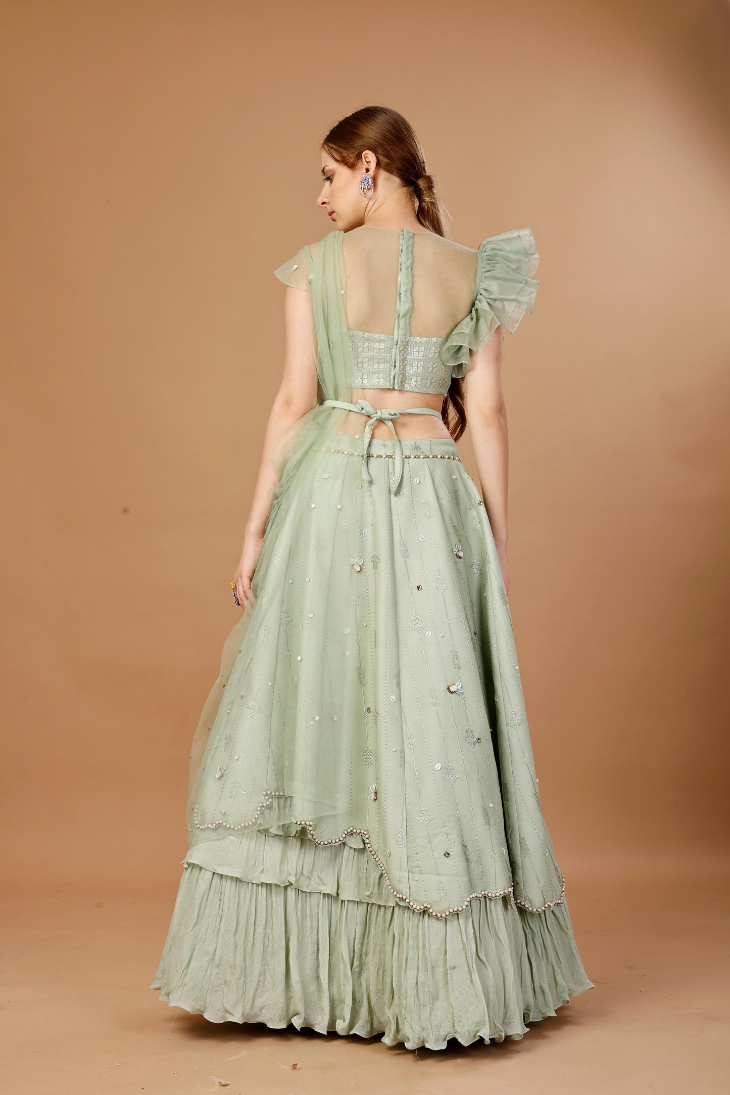 GREEN LEHENGA SET WITH DRAPE DUPATTA AND BELT