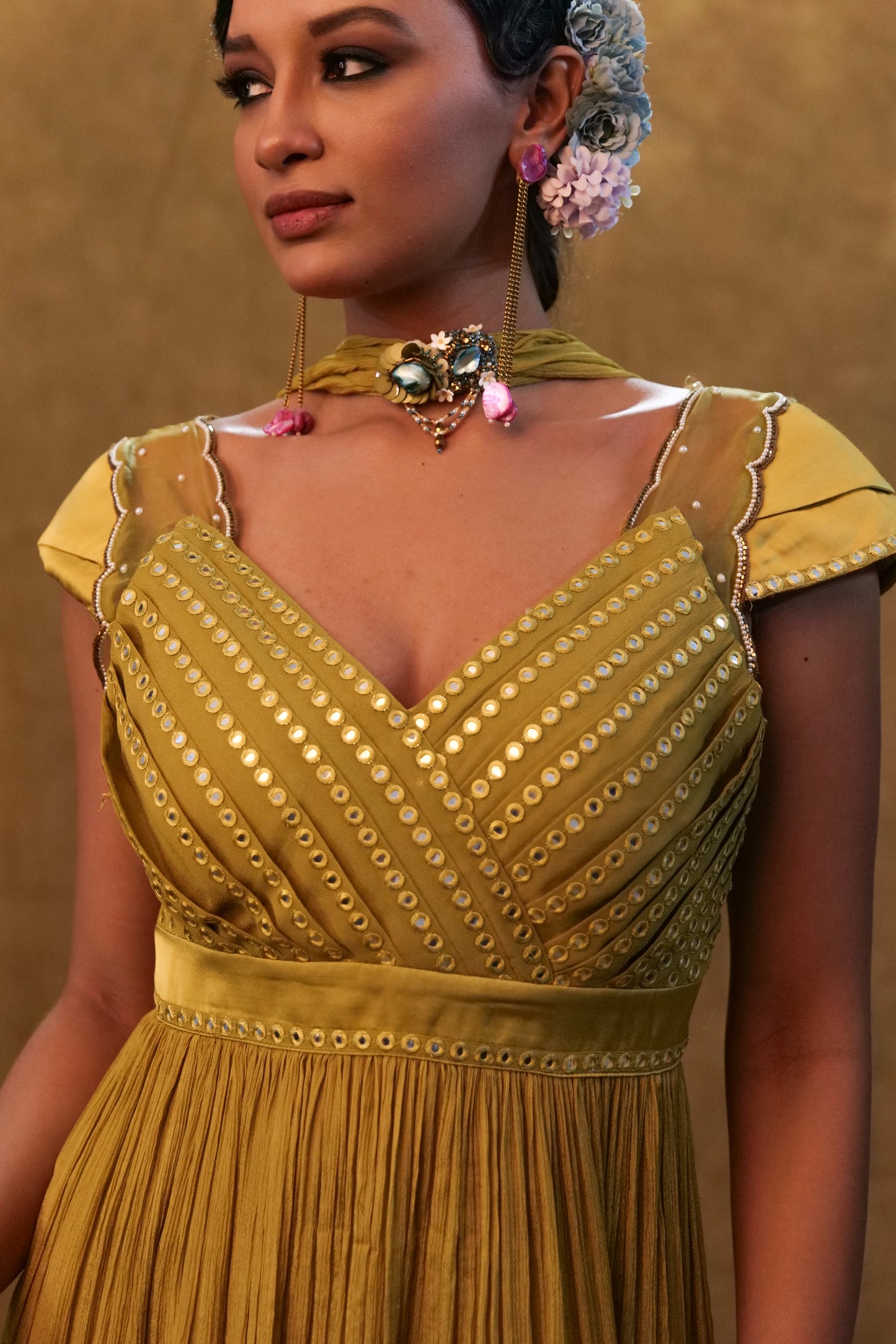 Olive peplum set paired with pants and a neck dupatta