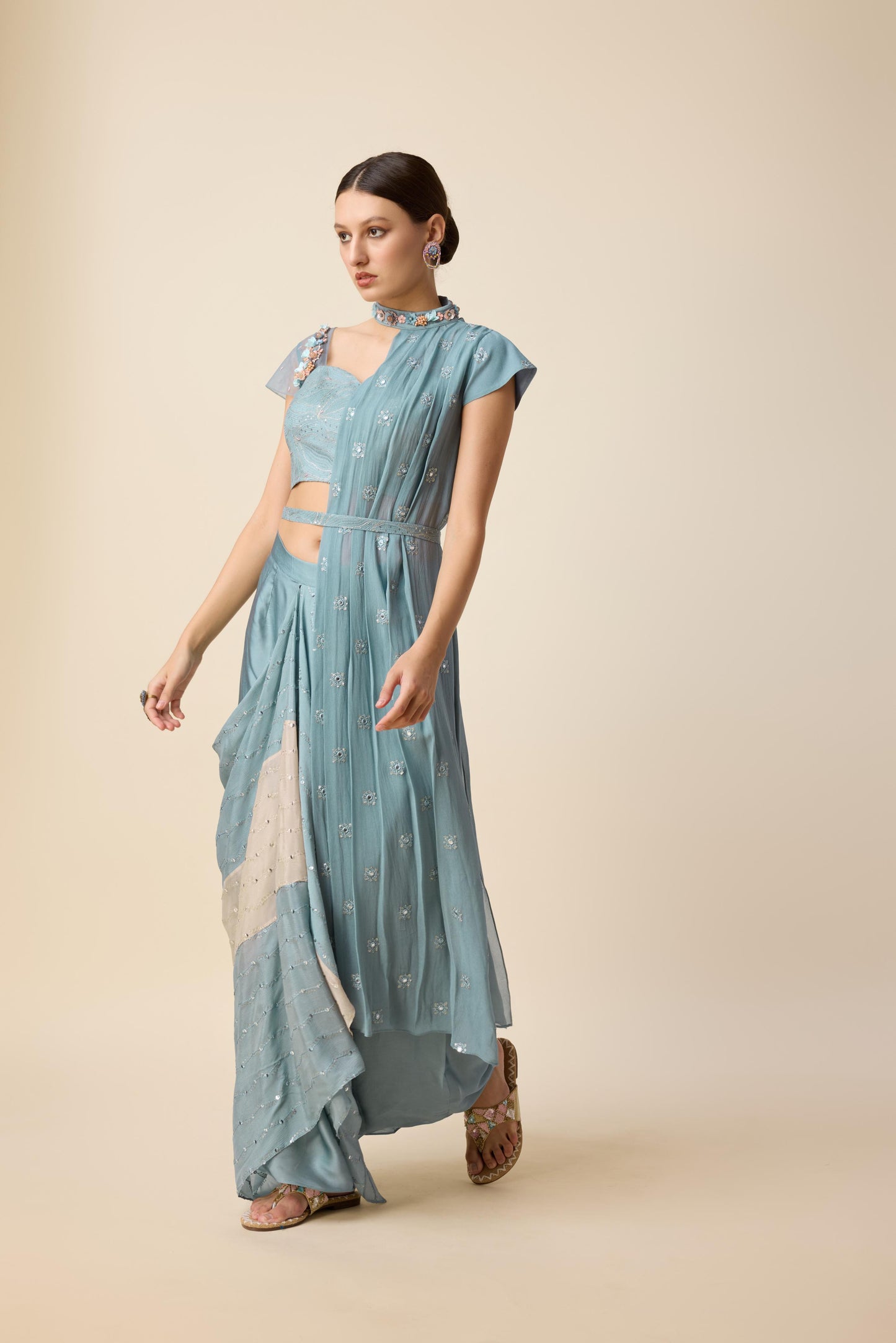 FUSION SAREE LOOK WITH DRAPE SKIRT AND ONE SIDED SHRUG.