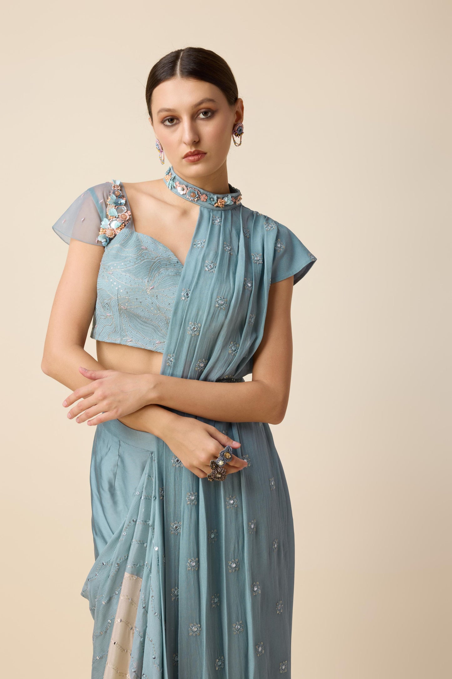 FUSION SAREE LOOK WITH DRAPE SKIRT AND ONE SIDED SHRUG.