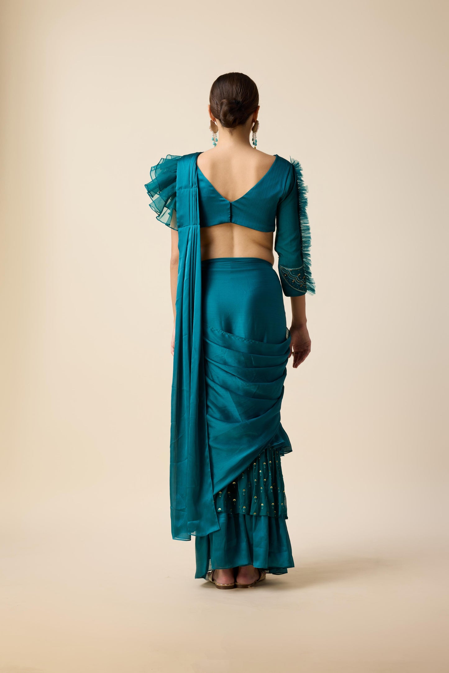 TEAL SAREE WITH FULL SLEEVE BLOUSE