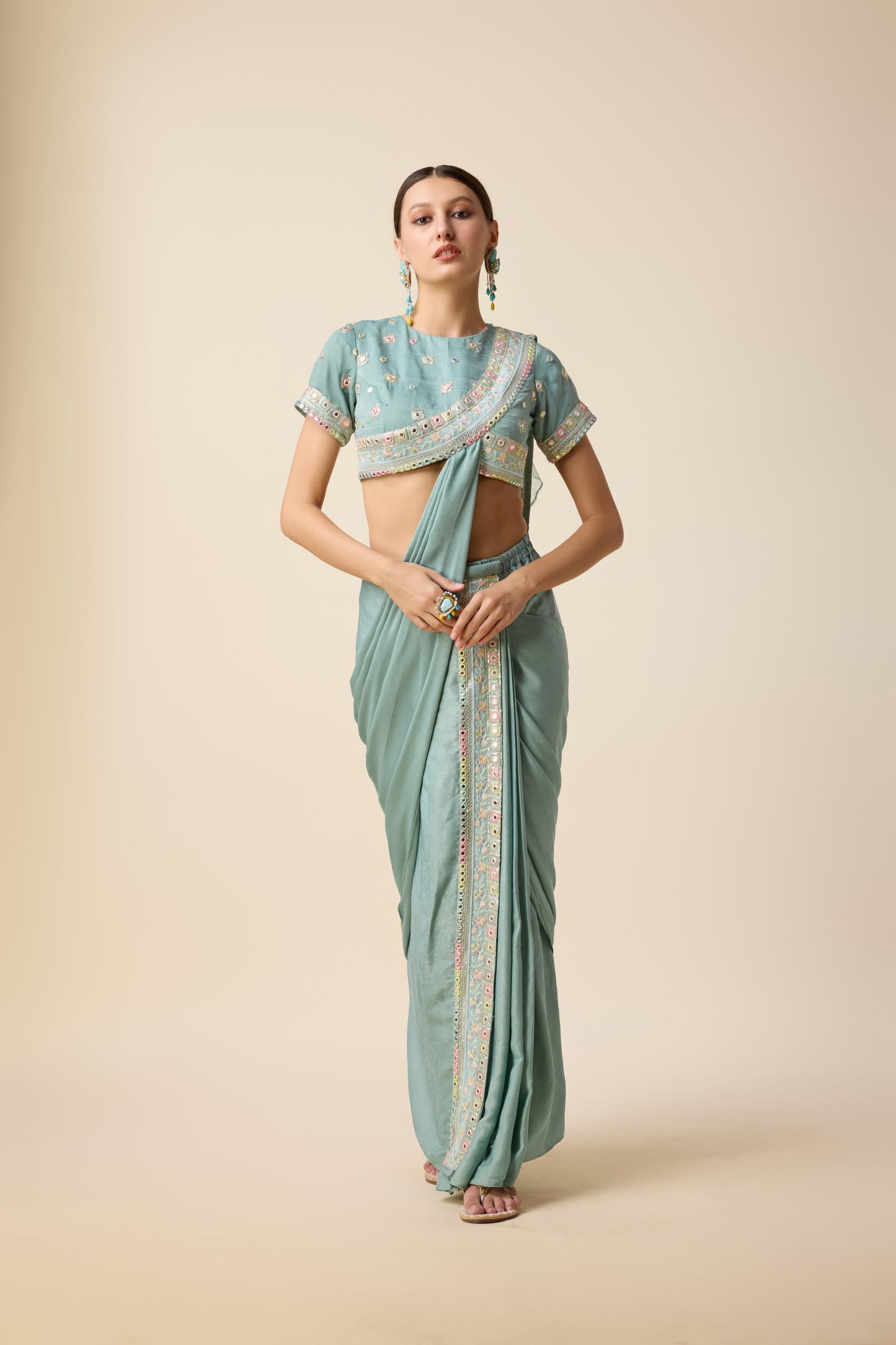 READY SAREE WITH MULTI COLOUR MIRROR WORK