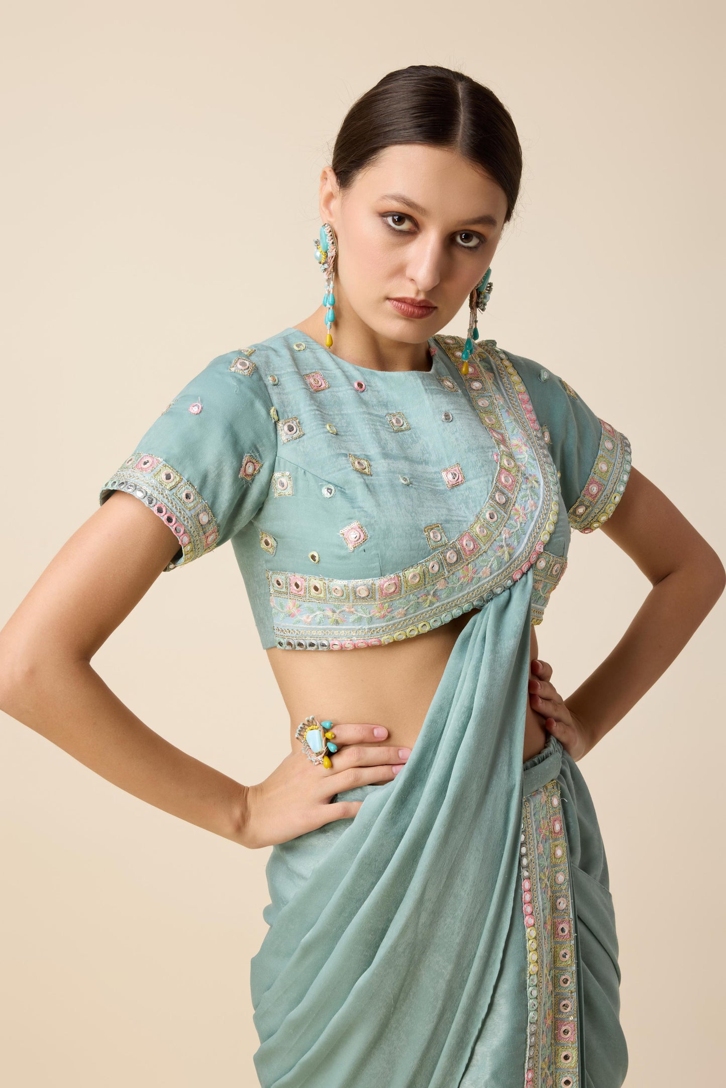 READY SAREE WITH MULTI COLOUR MIRROR WORK