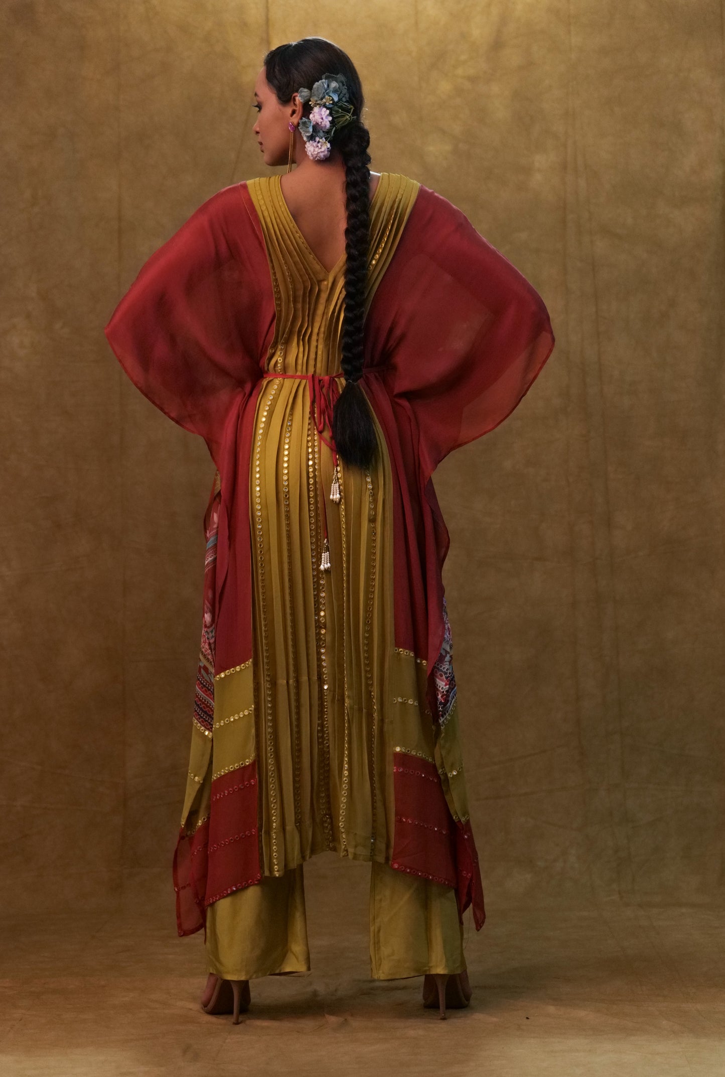 Maroon printed kaftan with pants and a separate inner
