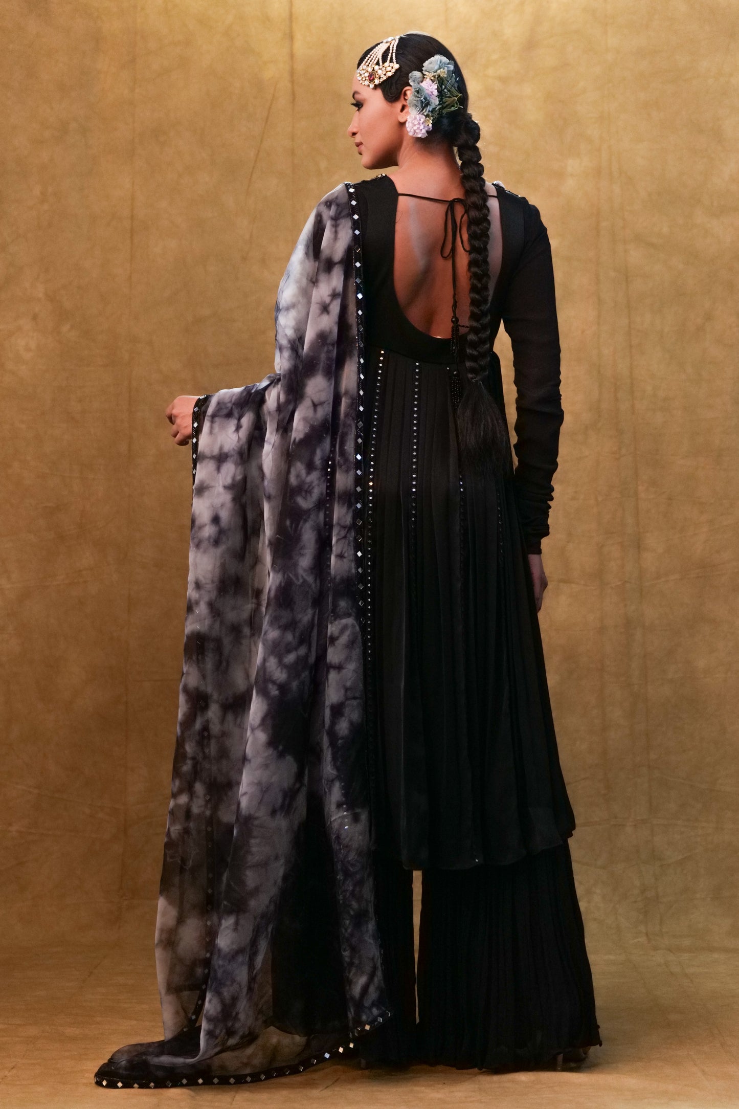 Black Anarkali paired with tie- dye dupatta and flared pants