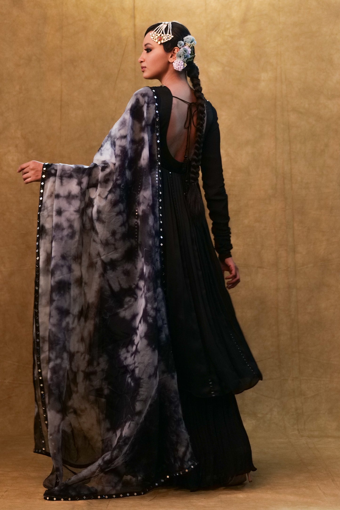 Black Anarkali paired with tie- dye dupatta and flared pants