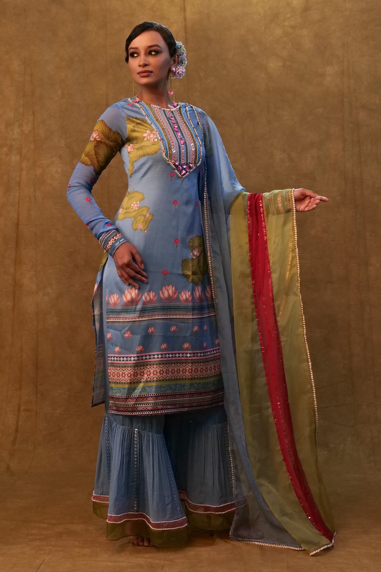 Ocean blue printed kurta set paired with color block dupatta and flared pants