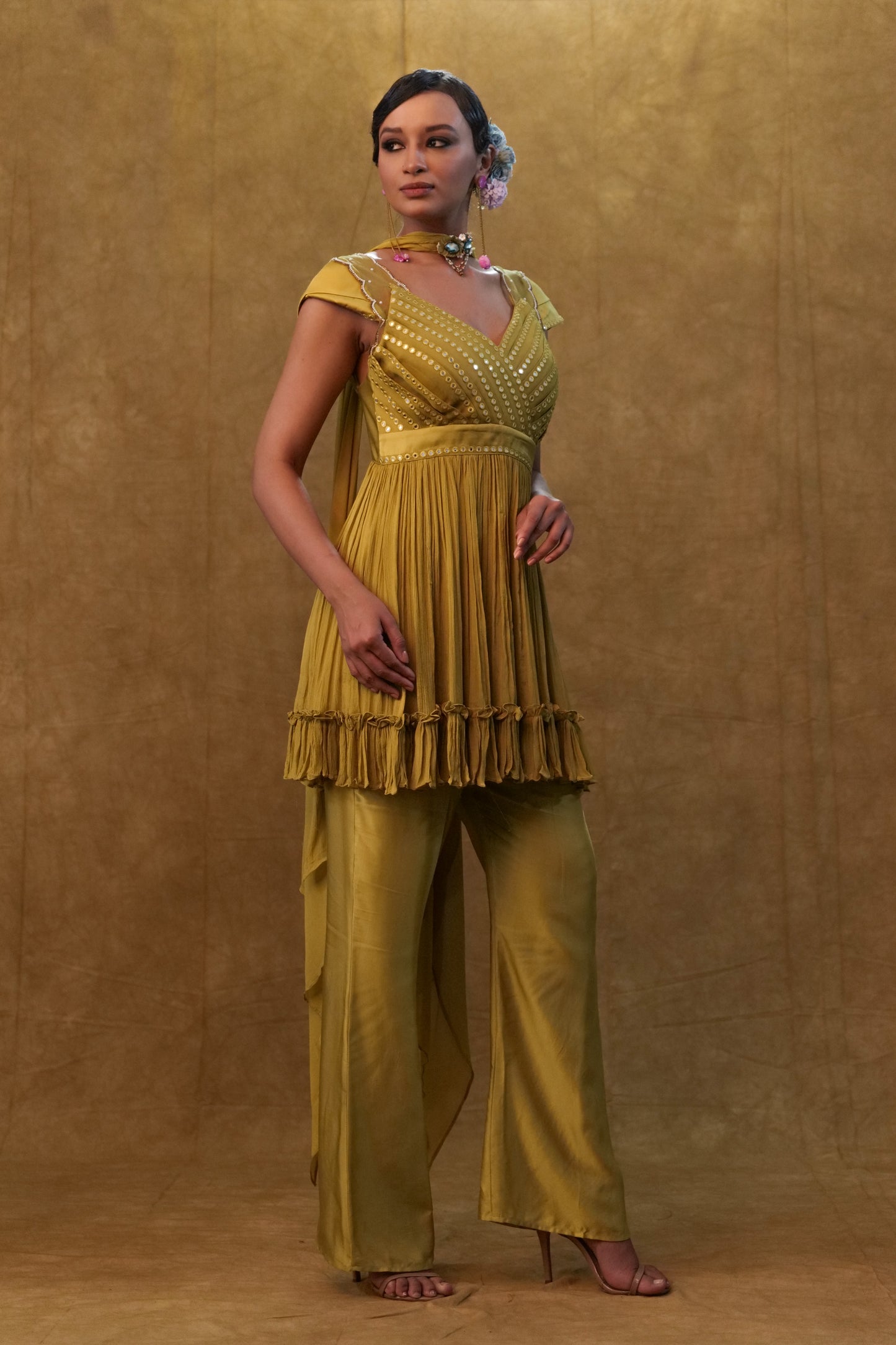 Olive peplum set paired with pants and a neck dupatta