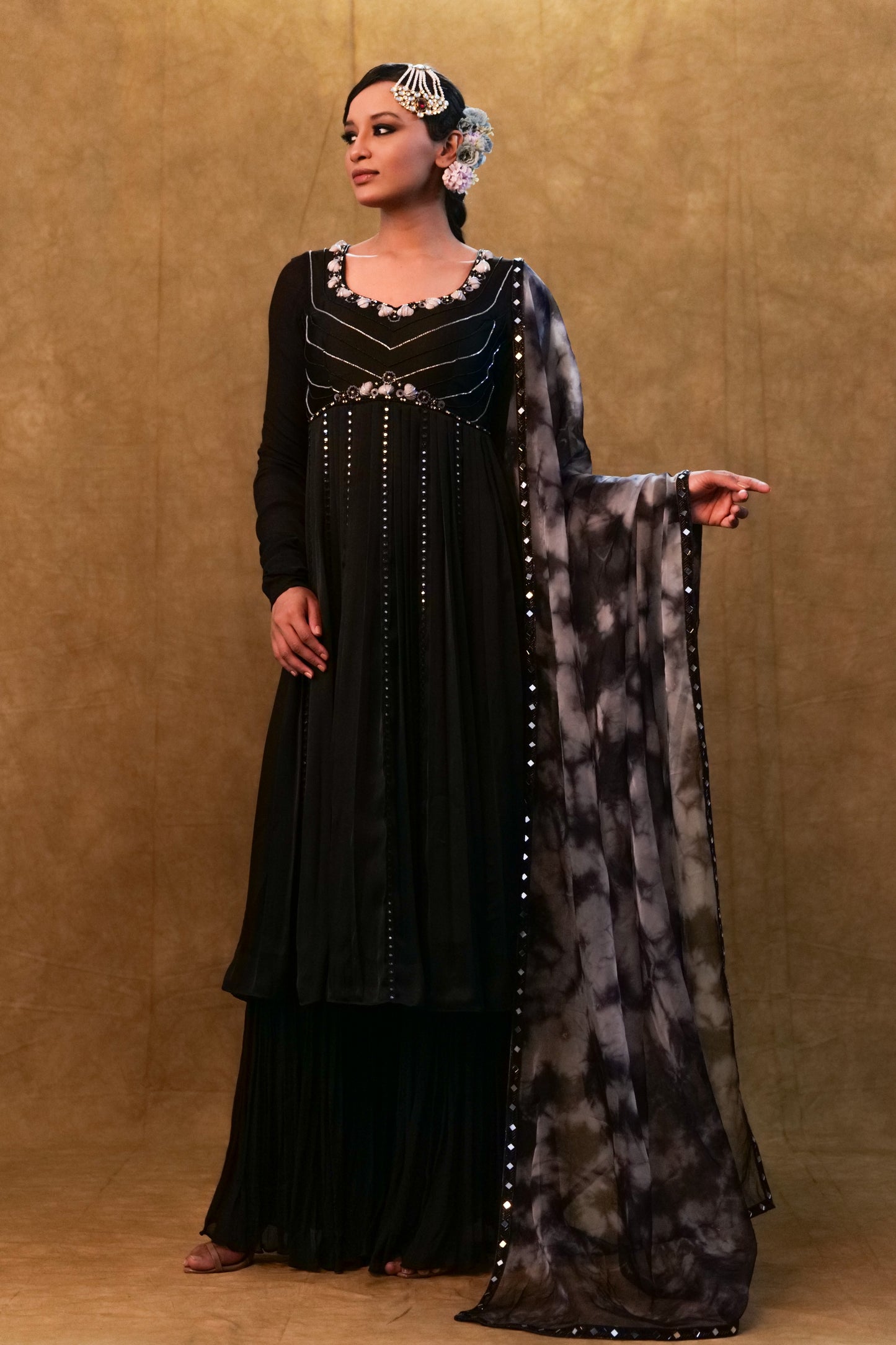 Black Anarkali paired with tie- dye dupatta and flared pants