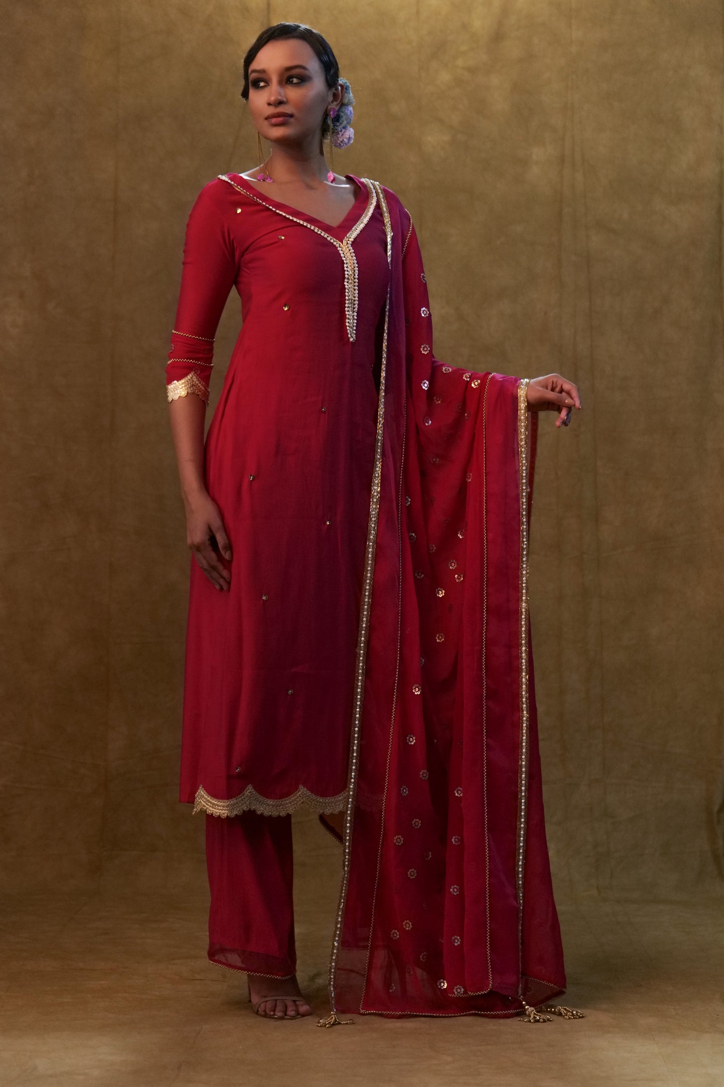 Hot pink kurta set paired with sequin embroidery dupatta and pants