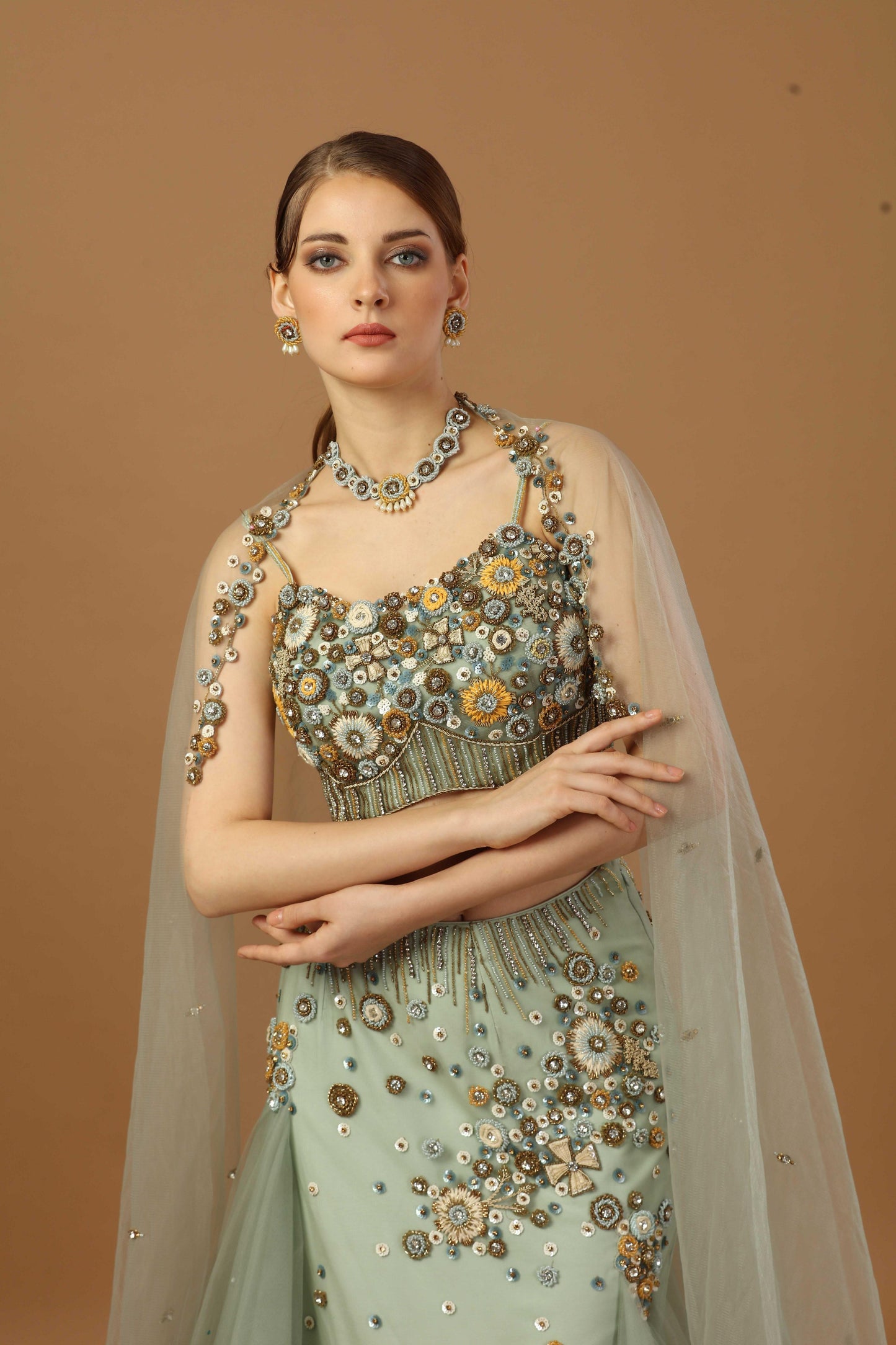 Fish cut Lehenga with strap blouse and dupatta