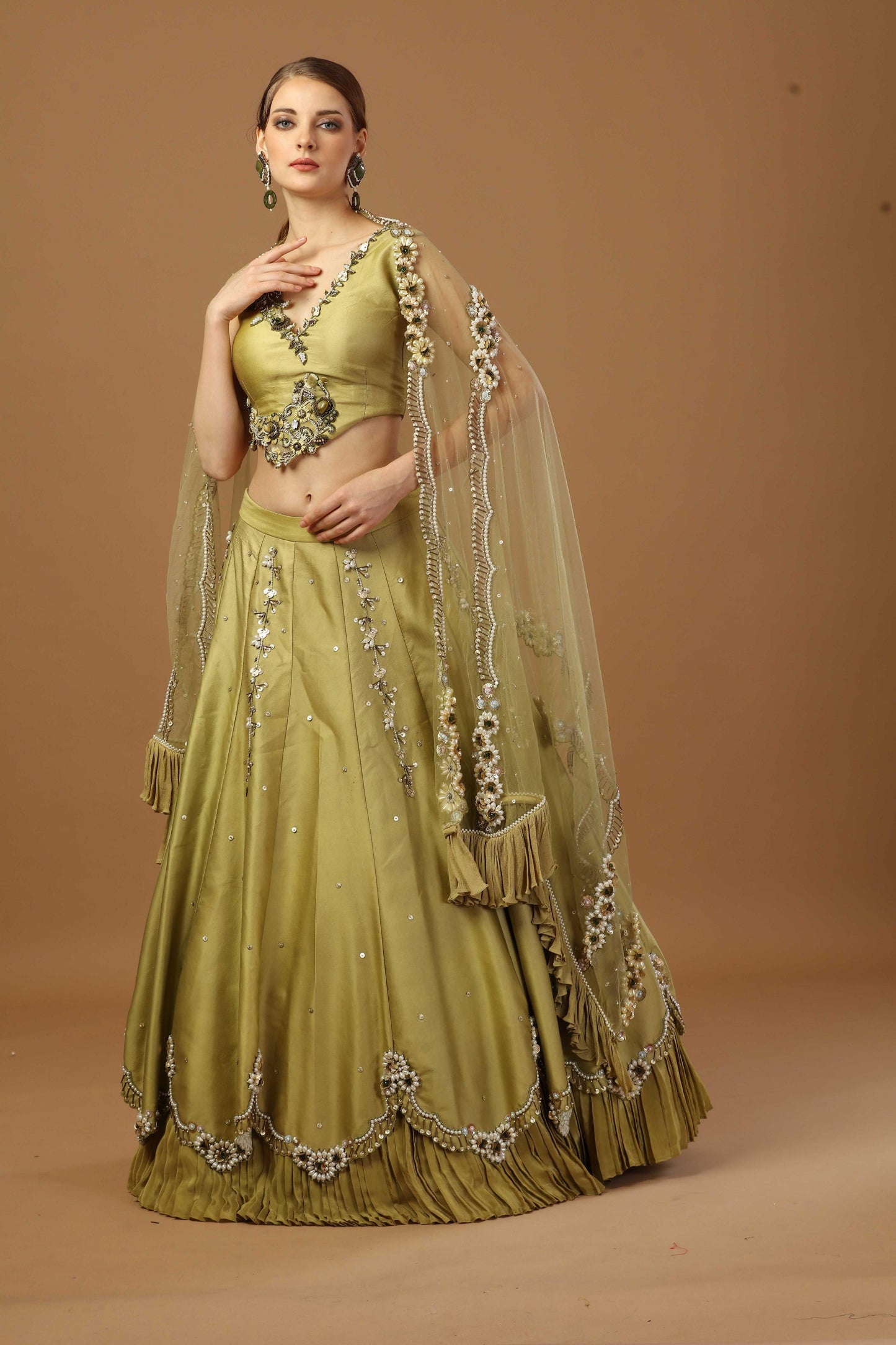 Olive Lehanga with blouse and heavy dupatta