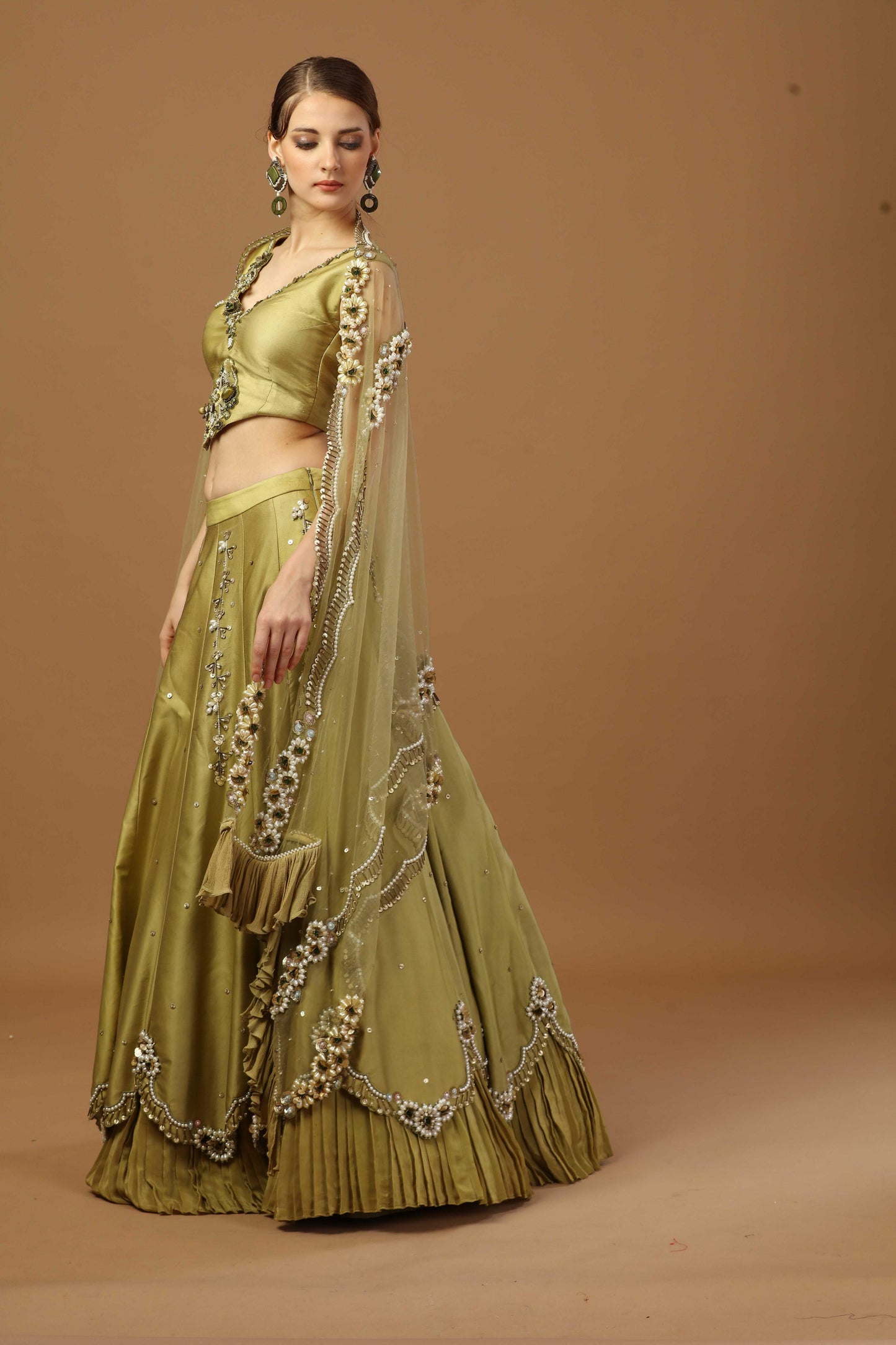 Olive Lehanga with blouse and heavy dupatta