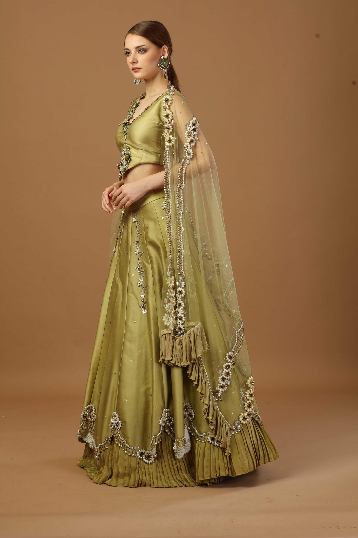 Olive Lehanga with blouse and heavy dupatta