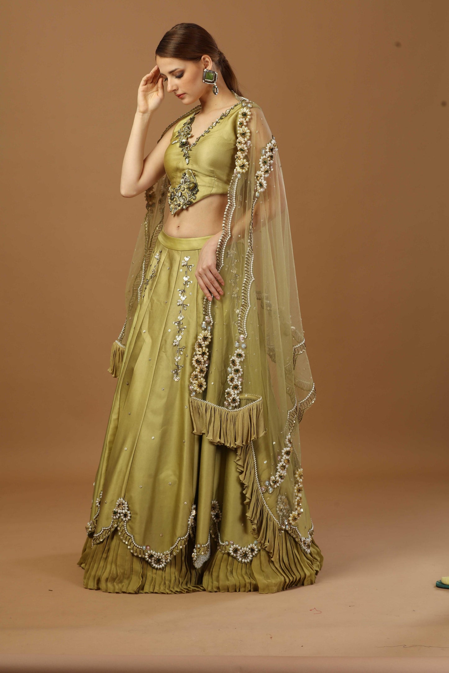 Olive Lehanga with blouse and heavy dupatta
