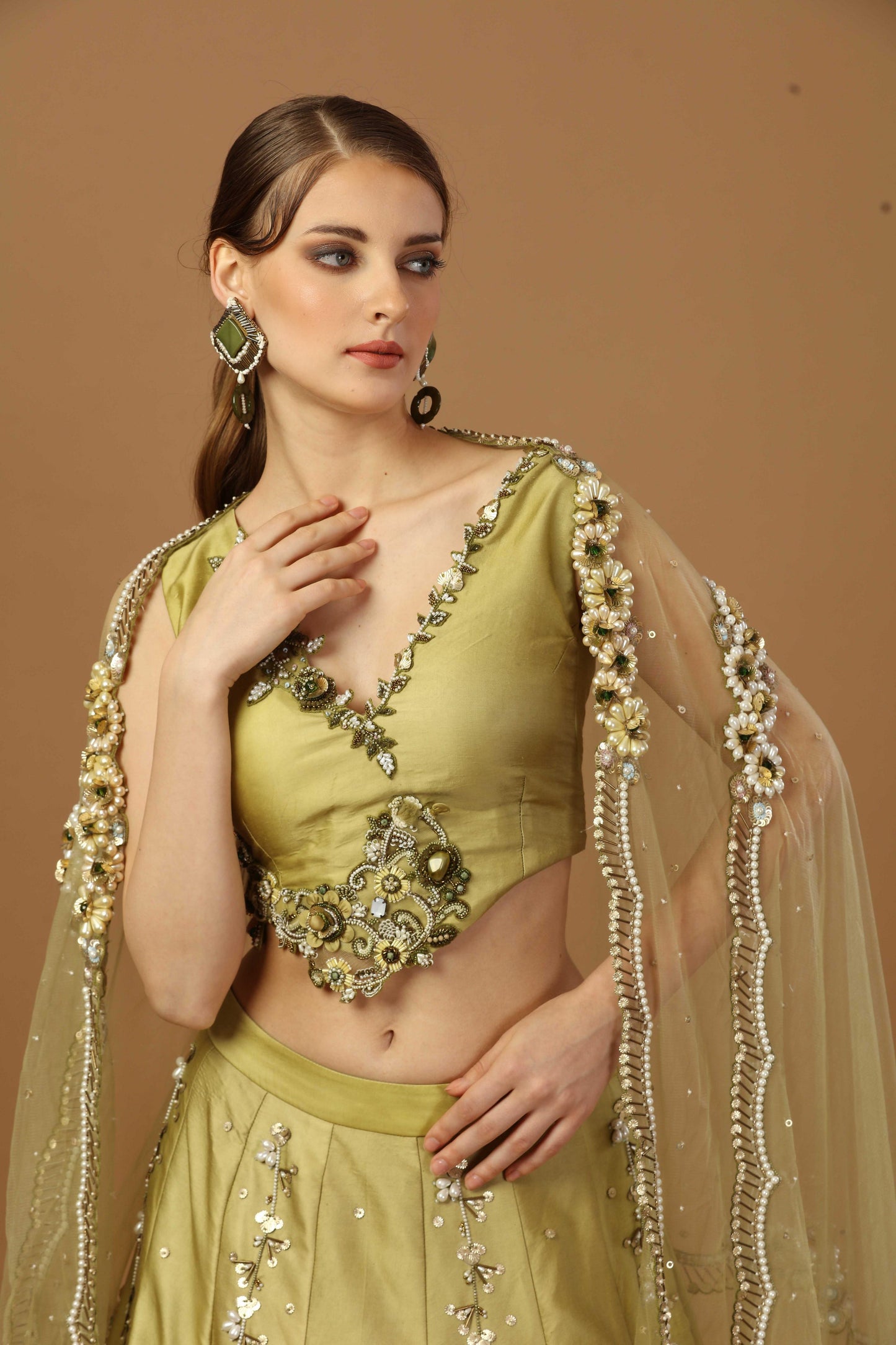 Olive Lehanga with blouse and heavy dupatta