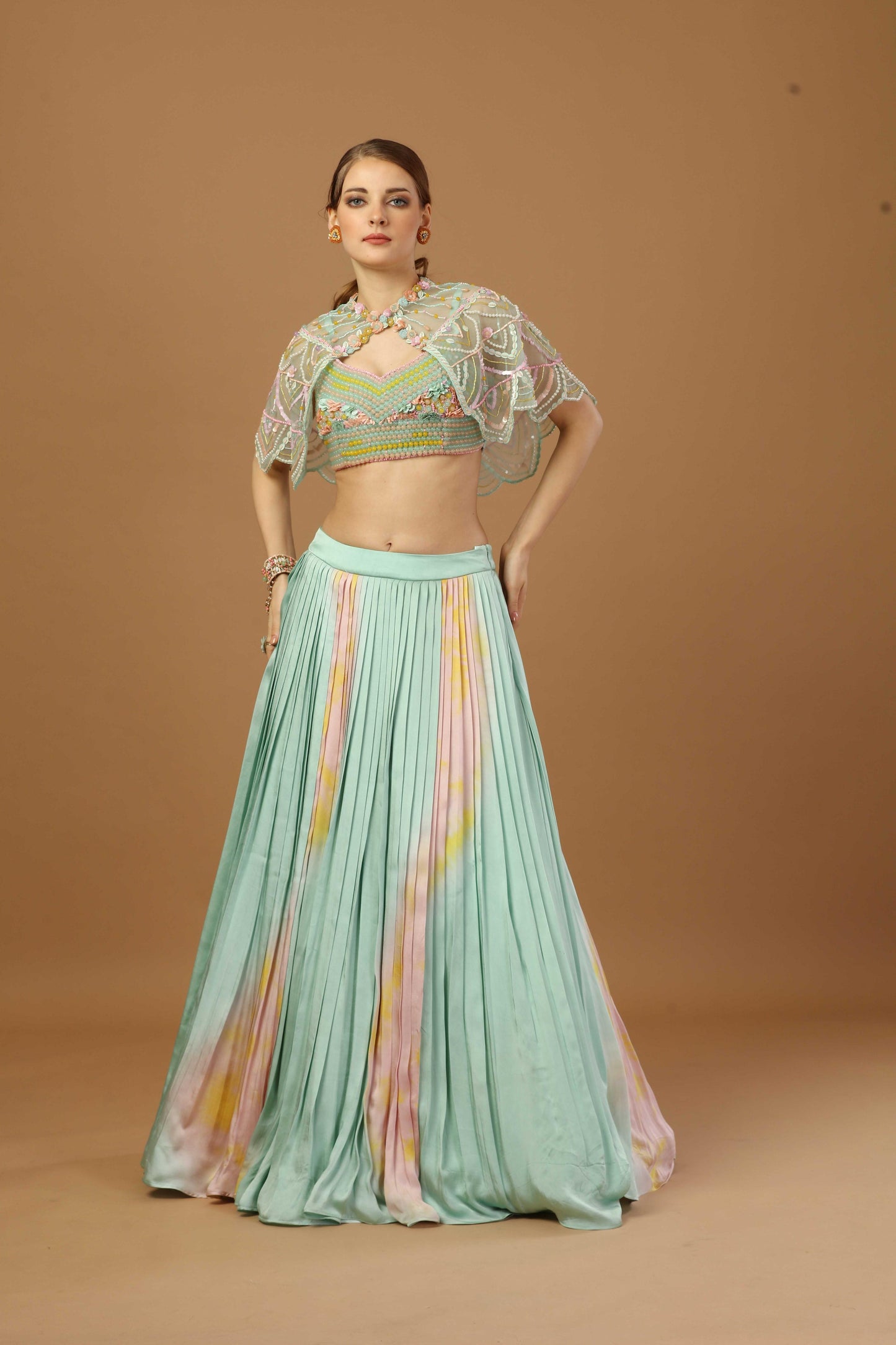 Tye dyePleated Can-Can skirt with blouse and short shrug