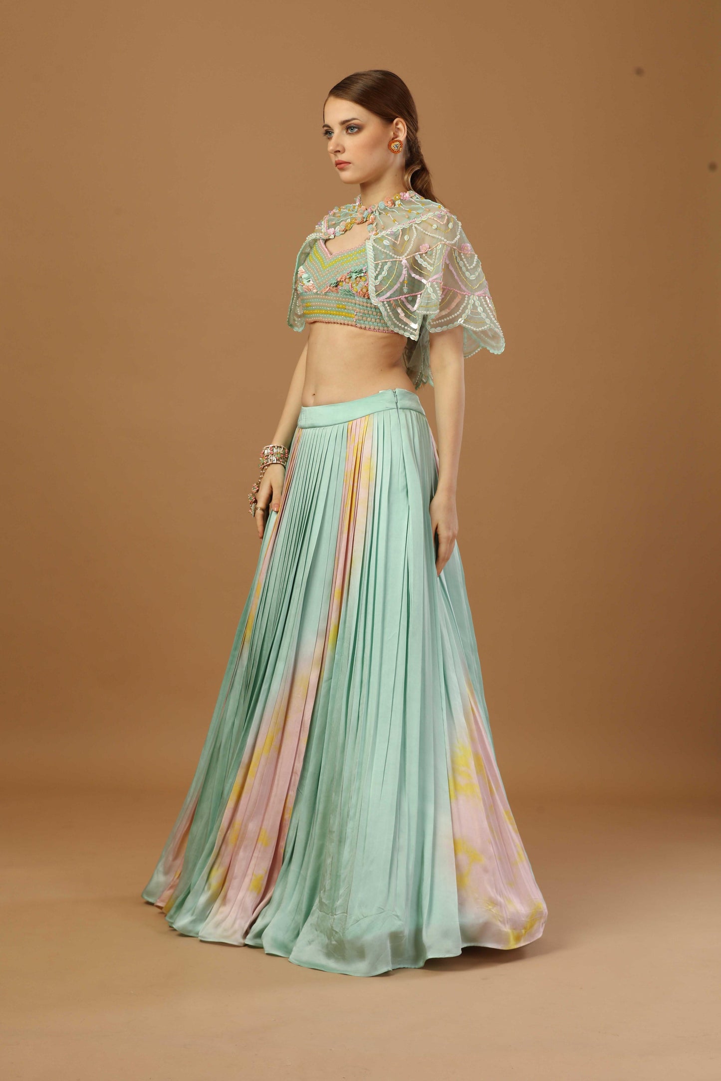 Tye dyePleated Can-Can skirt with blouse and short shrug
