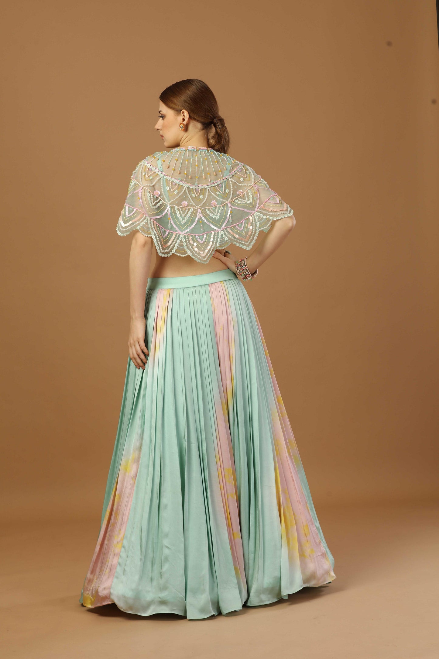Tye dyePleated Can-Can skirt with blouse and short shrug