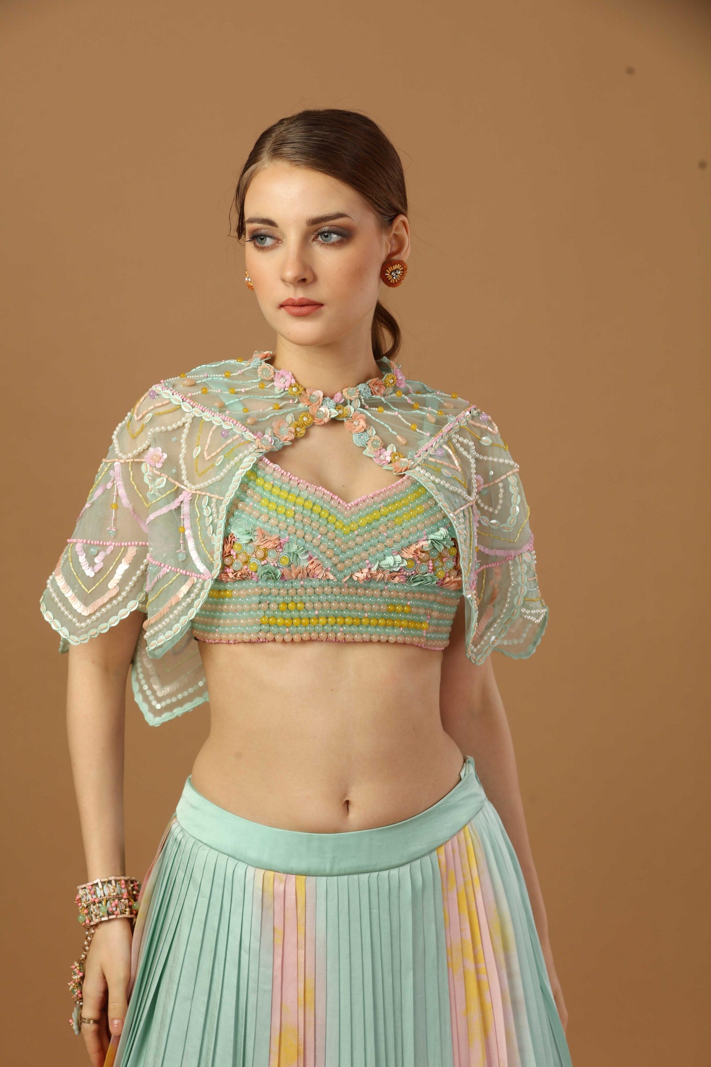 Tye dyePleated Can-Can skirt with blouse and short shrug