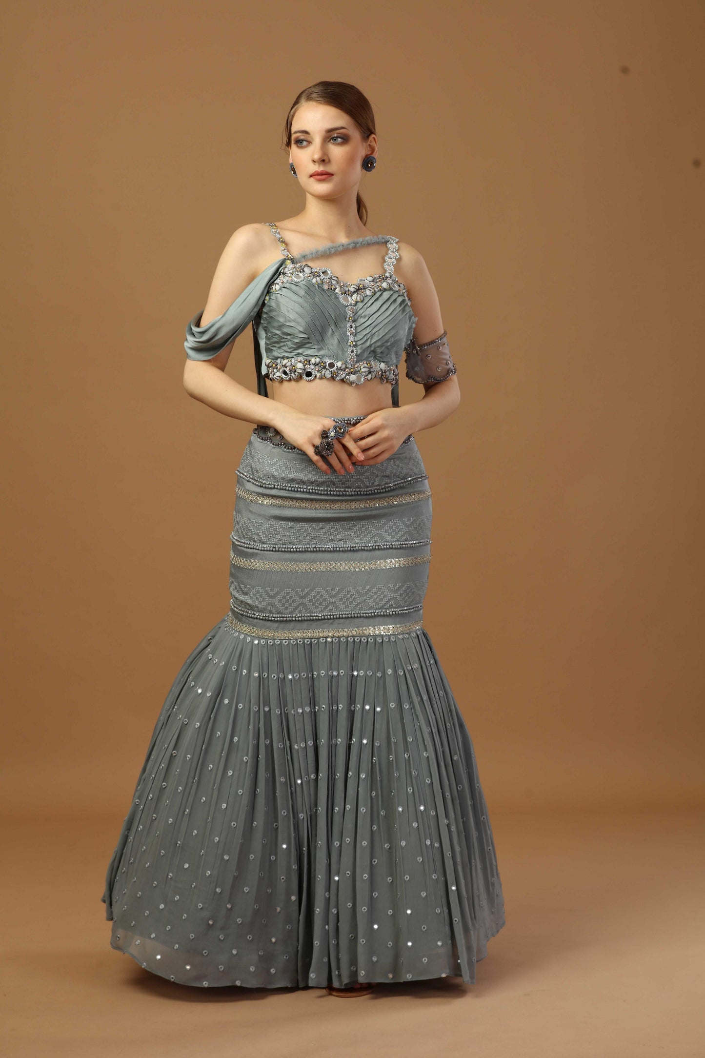 Pleated blouse with fish cut skirt and attach dupatta at back