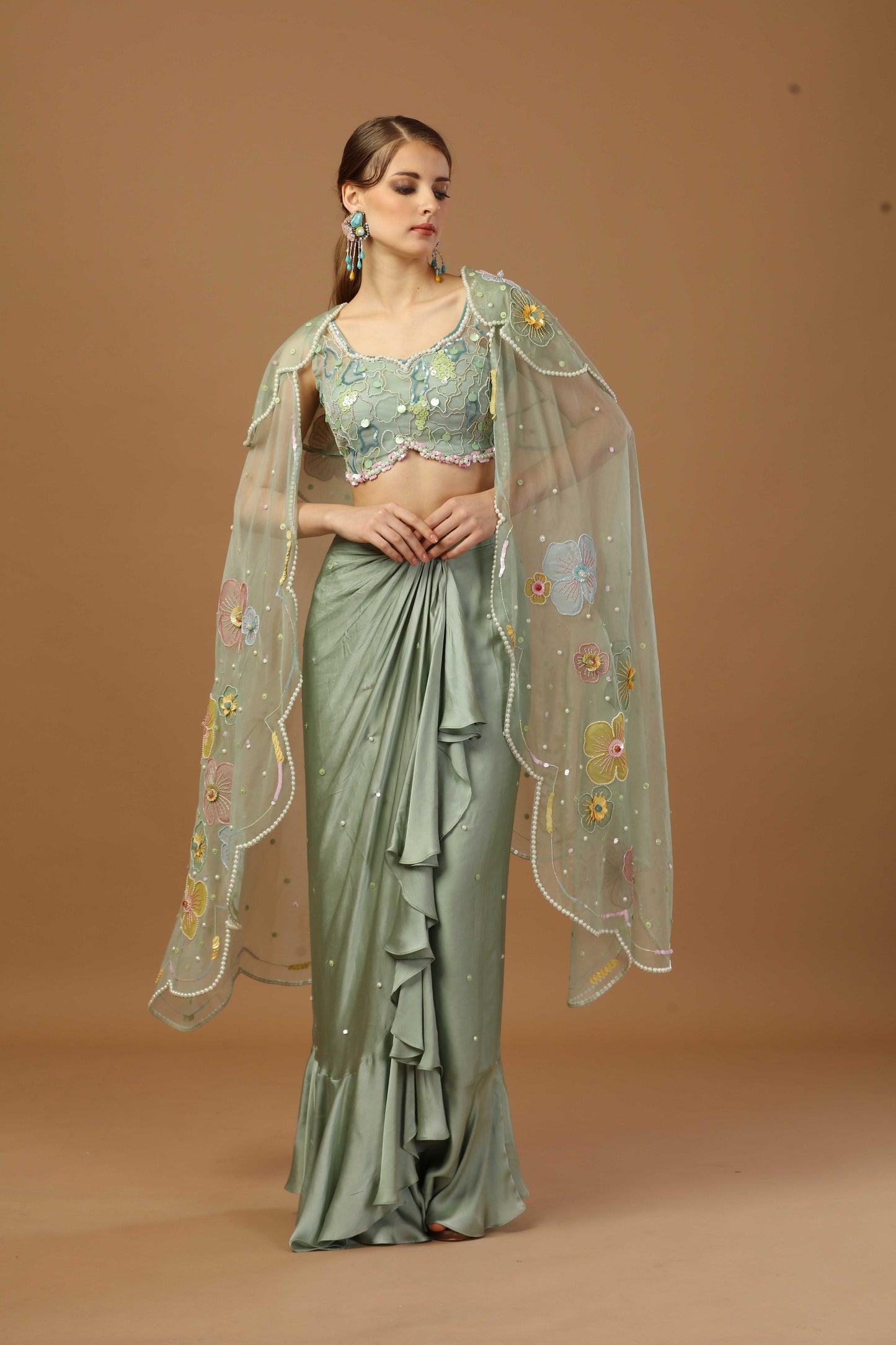 Drape Ruffle skirt with blouse and shrug