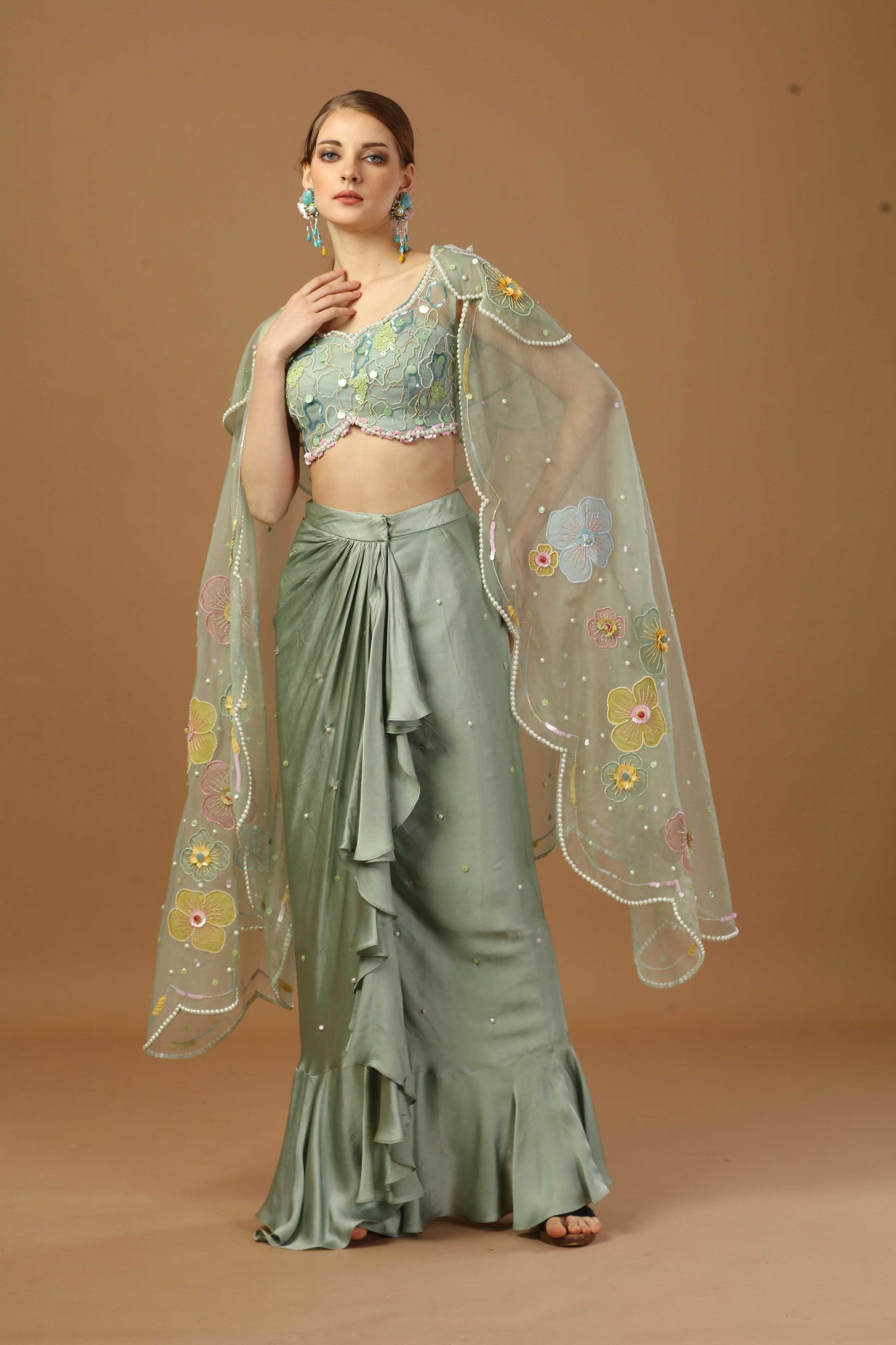 Drape Ruffle skirt with blouse and shrug