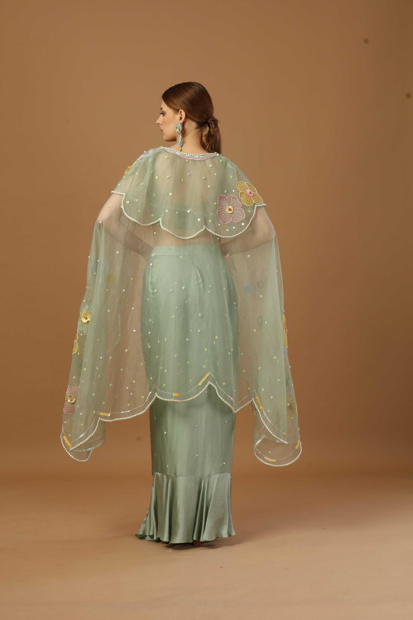 Drape Ruffle skirt with blouse and shrug
